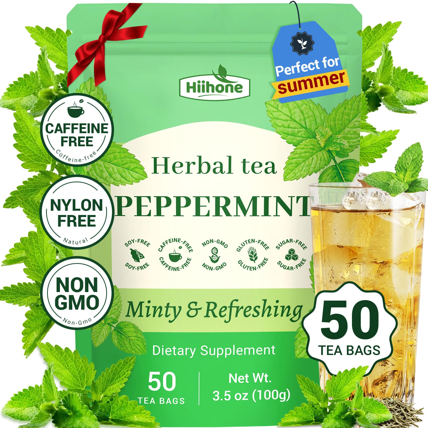 Hiihone Peppermint Tea Bags 50 Count – Pure Peppermint Mint Tea, Caffeine-Free Herbal Tea, Minty & Refreshing, Non-GMO, Soothing & Digestive Support
