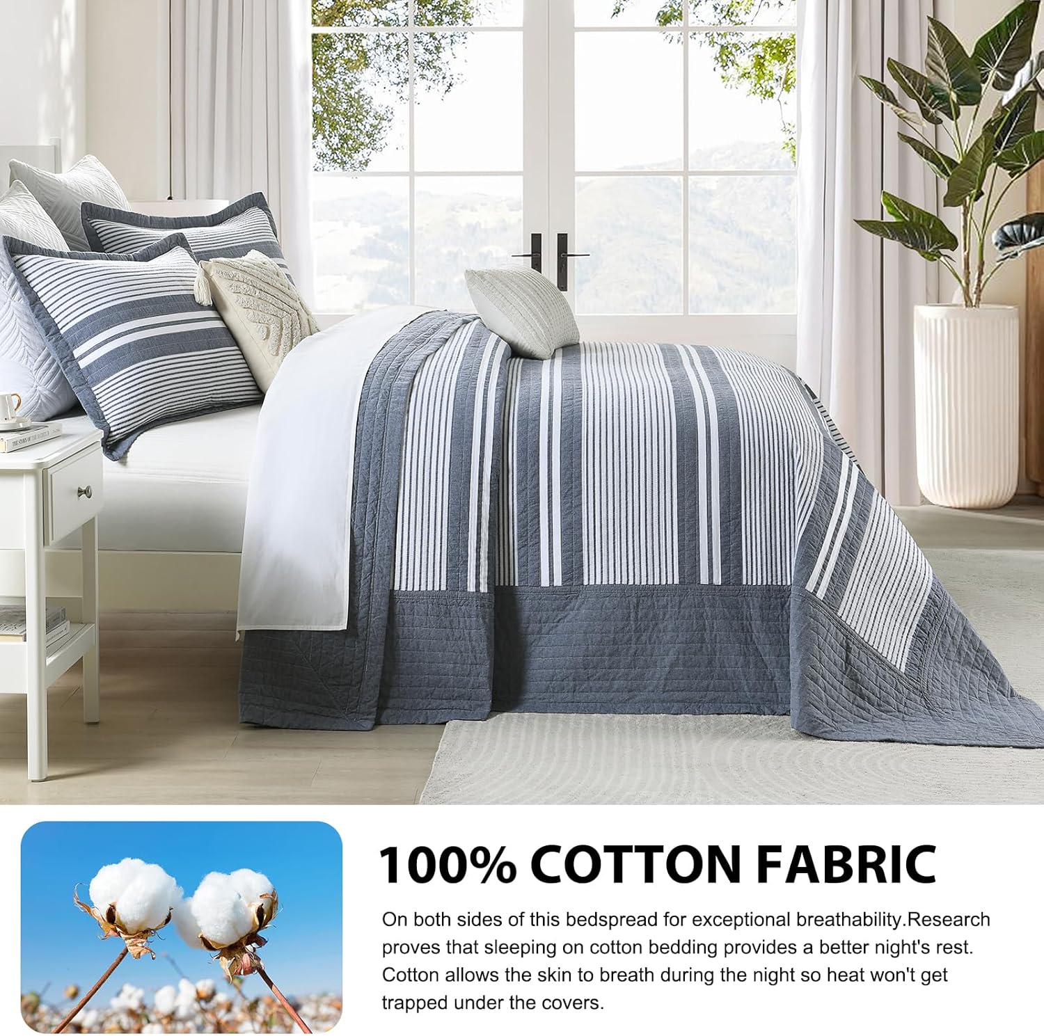 DDUOXIN Modern King Bedspread 120" W x120 L - 100% Cotton Waffle Texture Oversized Quilt with 2 Pillow Shams, Stripe Reversible 3 Piece Bedding Set, Folkstone/White