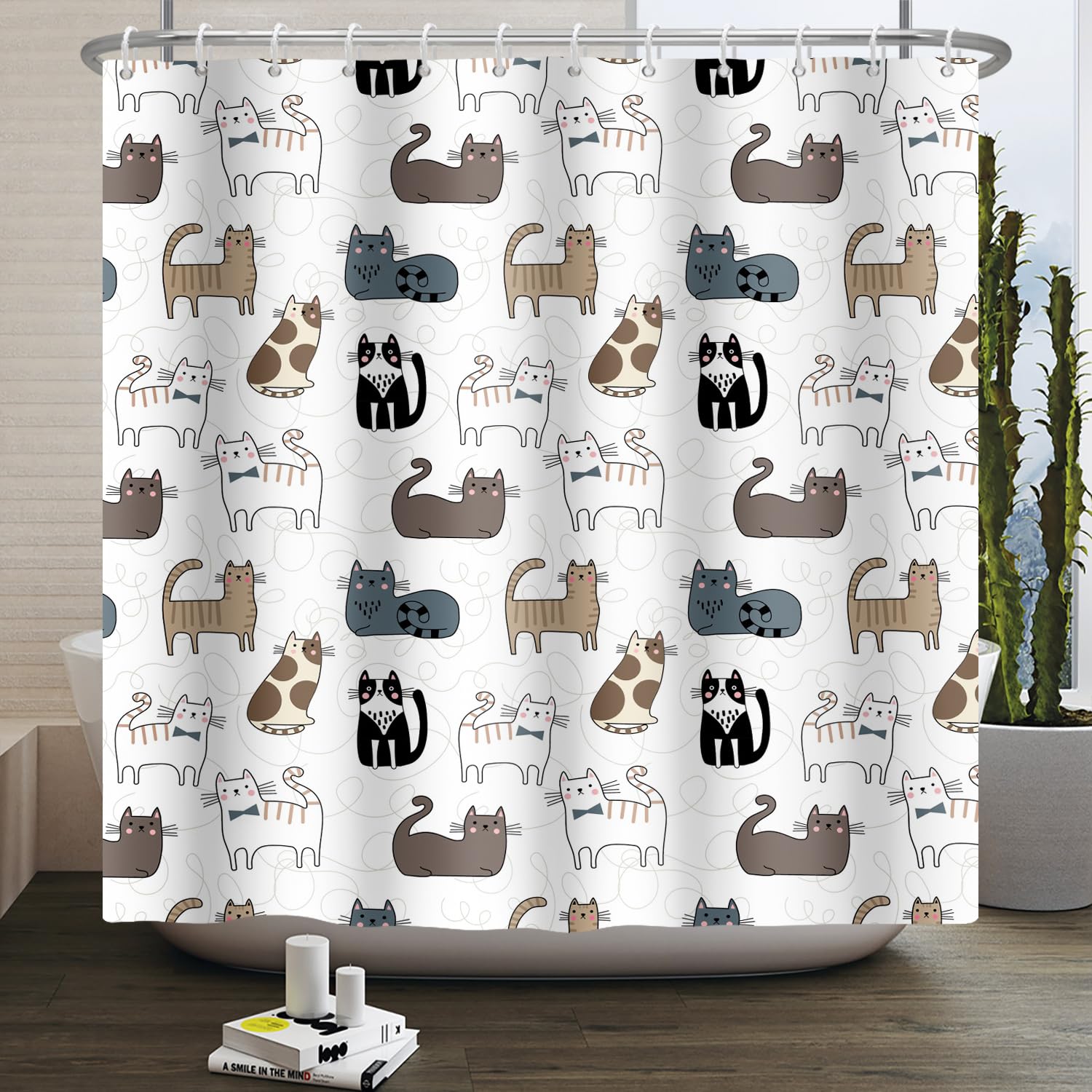 SDOTPMT 140x180cm Cute Funny Animal Shower Curtain Cartoon Playing Cats Pattern White Bath Curtain Modern Classic Bathtub Curtain for Boys Girls Bathroom Decor Polyester with Hooks
