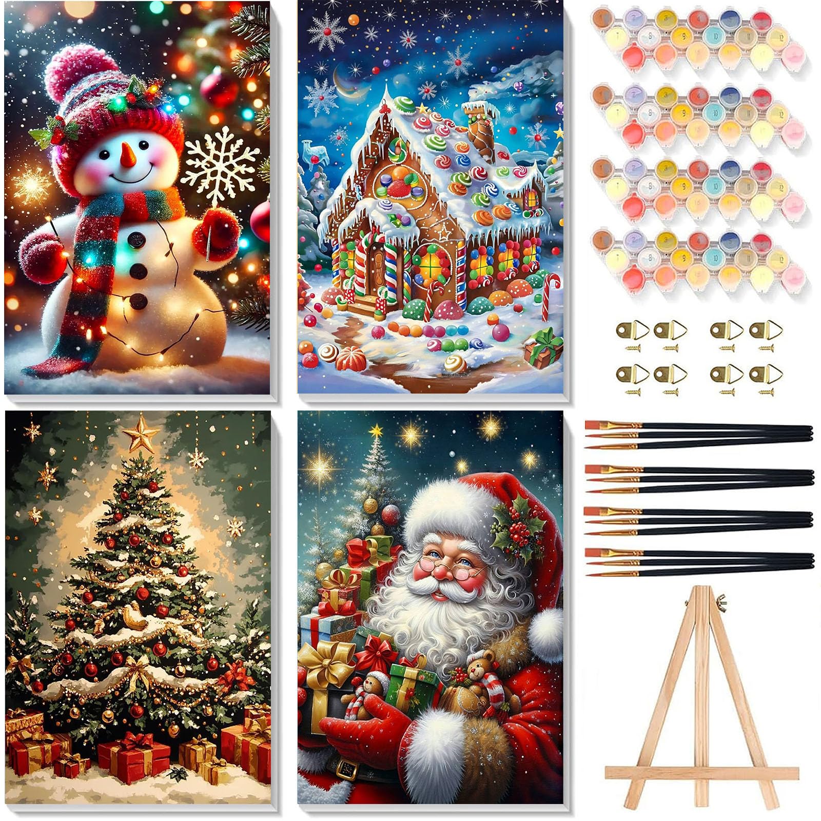 Christmas Paint by Numbers for Adults with Framed Canvas & Wooden Easel, 4 Pack Painting by Number Kit Beginners on Canvas, Xmas Acrylic Oil Painting Kit with Brush for Home Wall Decor (8x12 inch)
