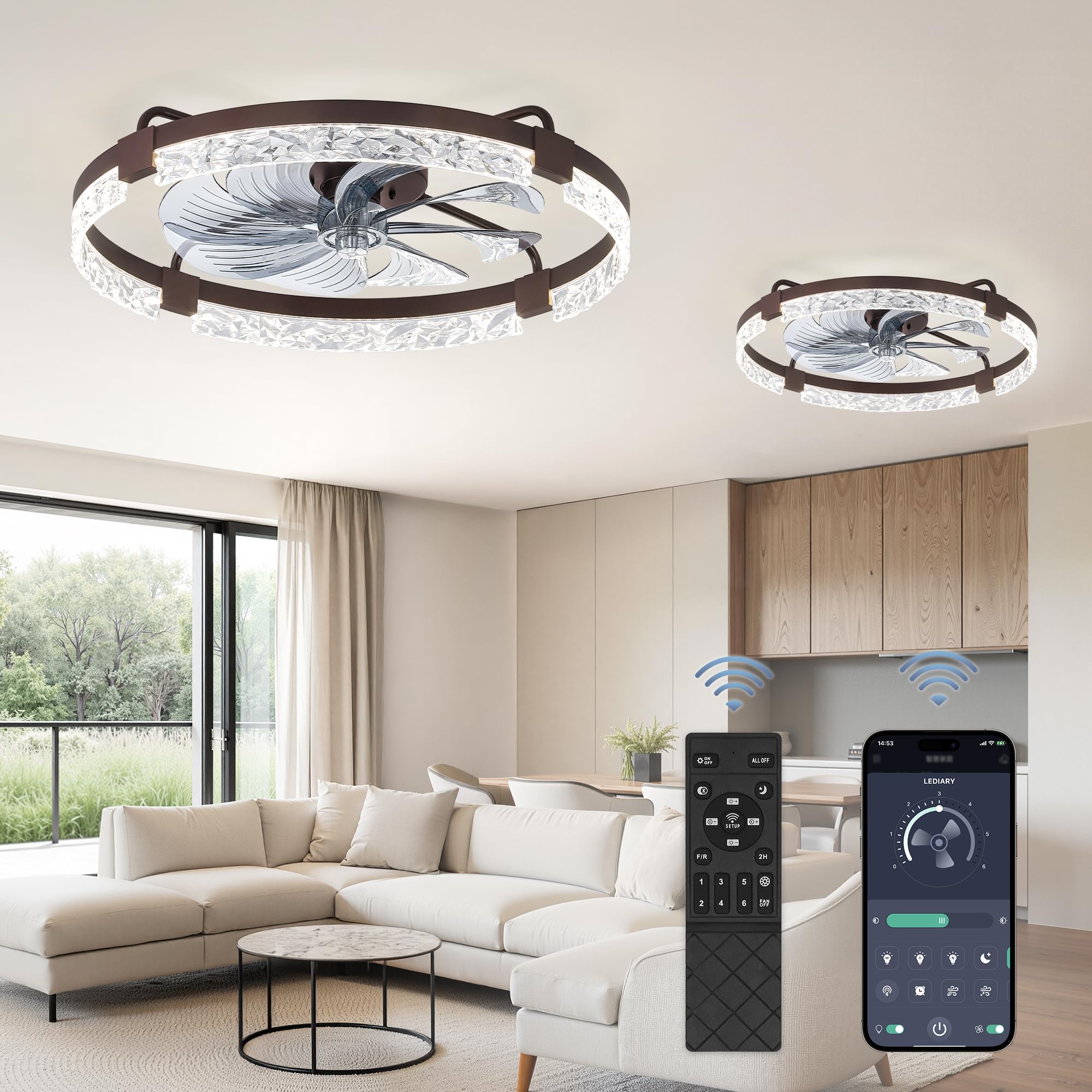 lediary 2 pack 24 inch low profile ceiling fans with lights and remote, fandelier modern ceiling fan, 3000k-6000k dimmable led fan light, brown flush mount ceiling fans with lights for bedroom