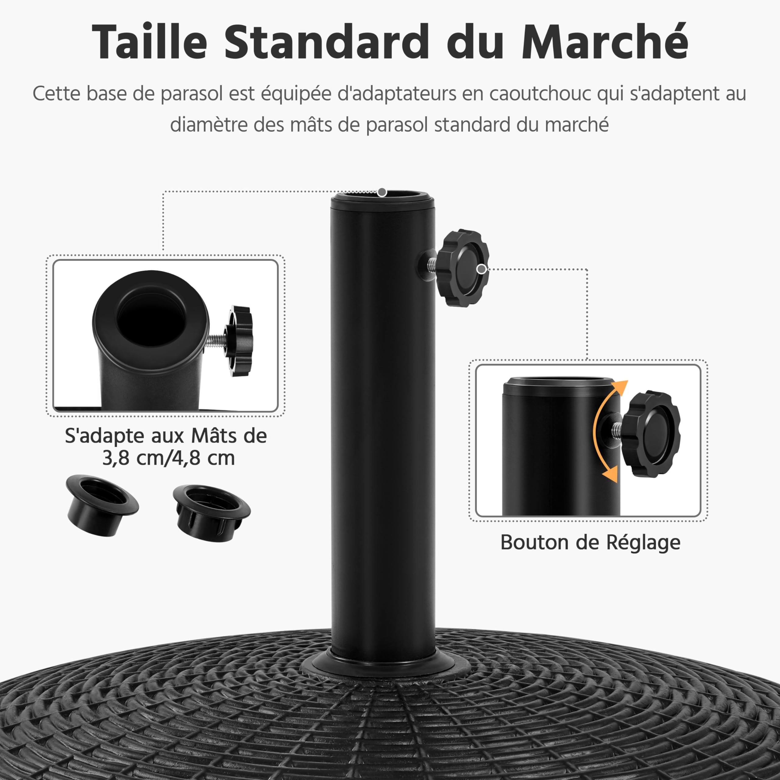Yaheetech Pied de Parasol à roulettes 25 KG Pied de Parasol Lourd Base Parasol Imitation Rotin en Résine pour Mât de Ø 3,8 cm/ 4,8 cm du Parasol de Jardin 52 × 52 × 42 cm