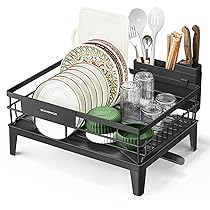 SONGMICS Scolapiatti, Portapiatti da Cucina, Beccuccio Estensibile e Girevole a 360°, Raccogligocce, con Portaposate, 31 x 42 x 18,5 cm, Nero Inchiostro KCS550B01