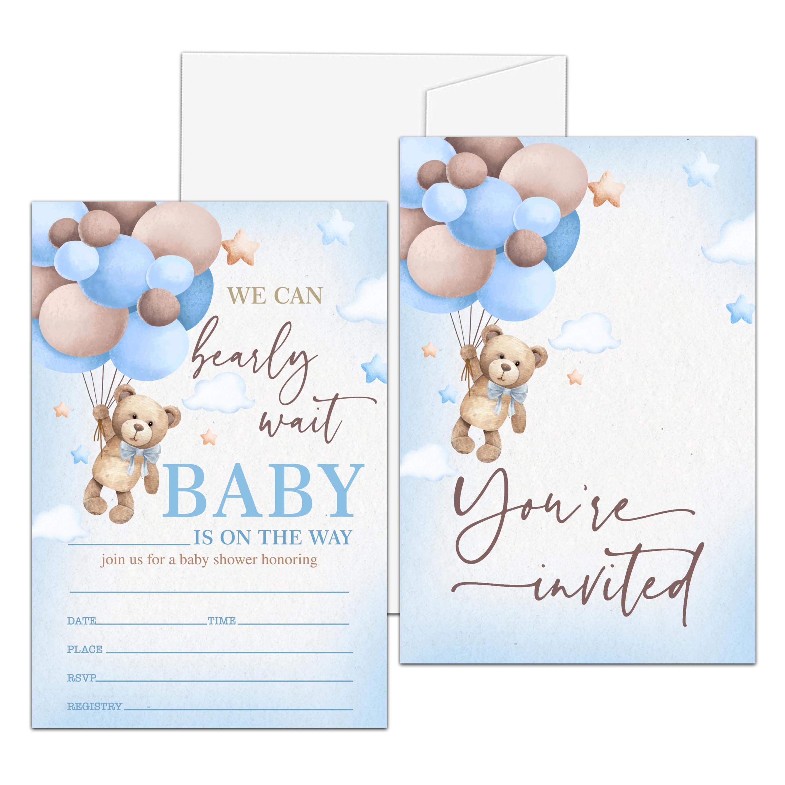 Bear Balloon Baby Shower Invitation, We Can Bearly Wait Themed Fill-In Invites for Boys Girls, 25 Invitations With Envelopes (4
