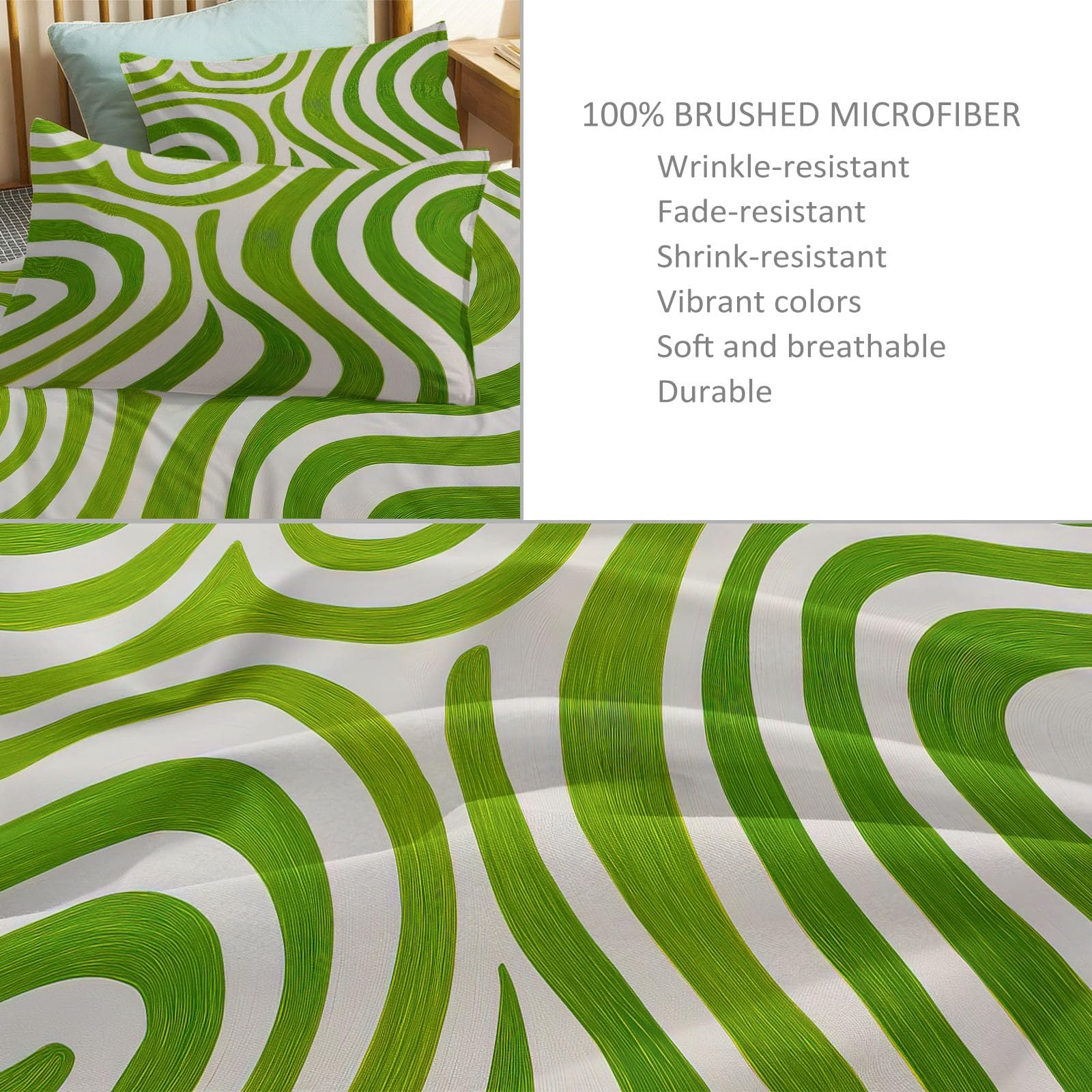 Generico Set Copripiumino Matrimoniale Strisce Ondulate Verdi Astratte 150 x 220 cm - Parure Letto con Motivo Stampato Morbida e Confortevole, Copripiumino Bianco-Verde Traspirante con Federe