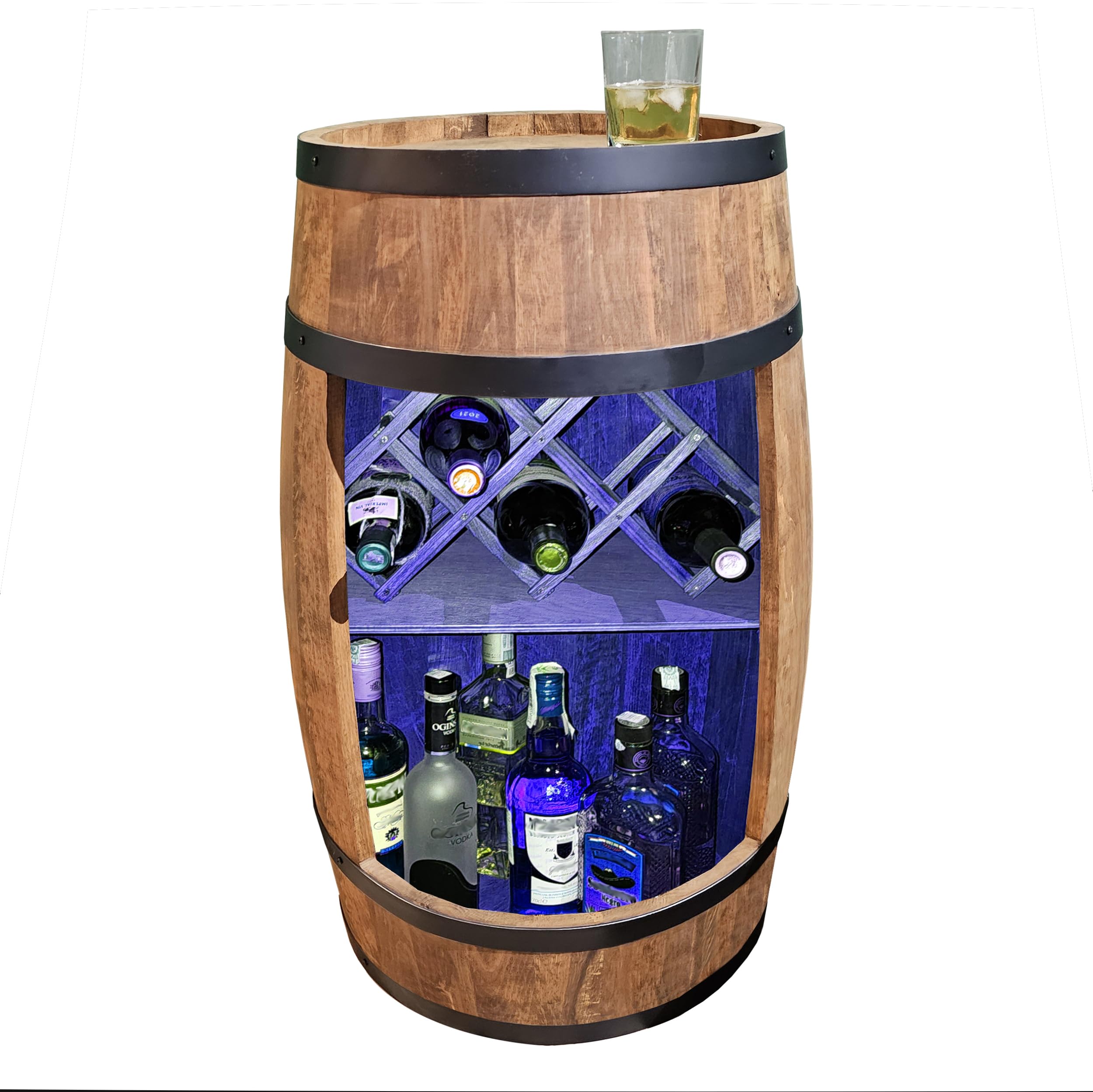 CREATIVE COOPER Fass bar LED RGB mit Weinhalter - Weinregal - Holzfass Hausbar 80x50cm - Rustikaler deko Barschrank Weinständer – Weinschrank (Wenge)