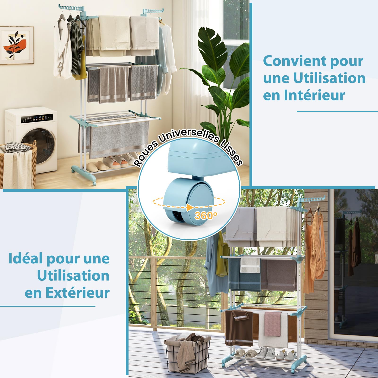 COSTWAY Sechoir à Linge Pliable 3 Niveaux, Étendoir Linge à roulettes en Métal, Sechoir Tancarville Solide avec 2 Porte-cintres, Porte-Chaussures, Seche Linge Intérieur Extérieur (Bleu Clair)