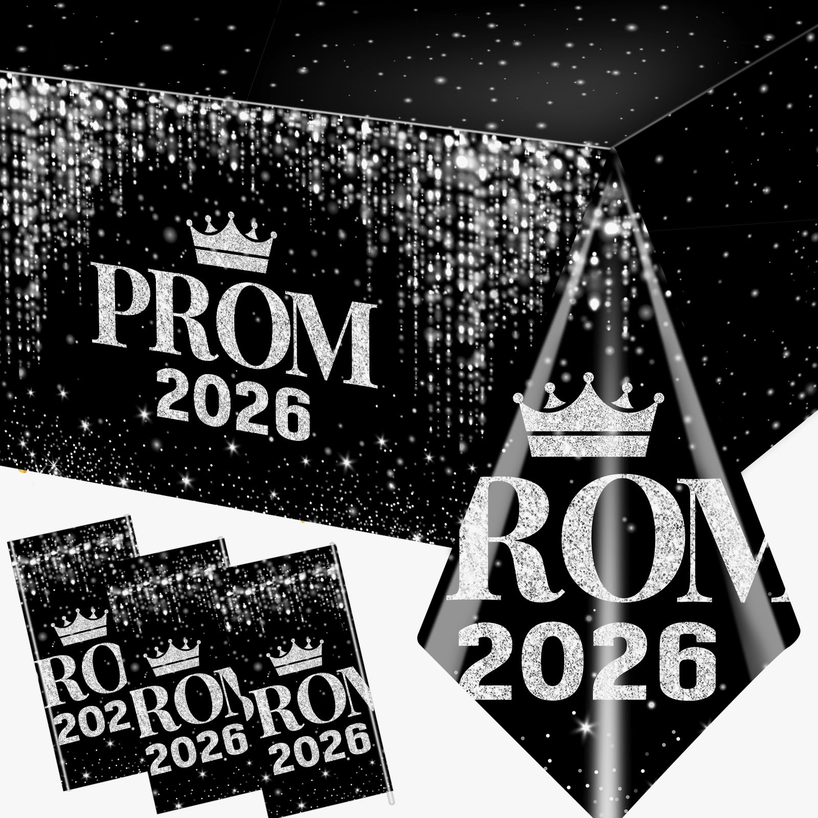 3Pieces Prom Decorations 2026 Tablecloths, 108 * 54 Inch Prom Decorations 2026 Tablecover, Black and Silver Prom Send Off Decorations 2026 Tablecloth