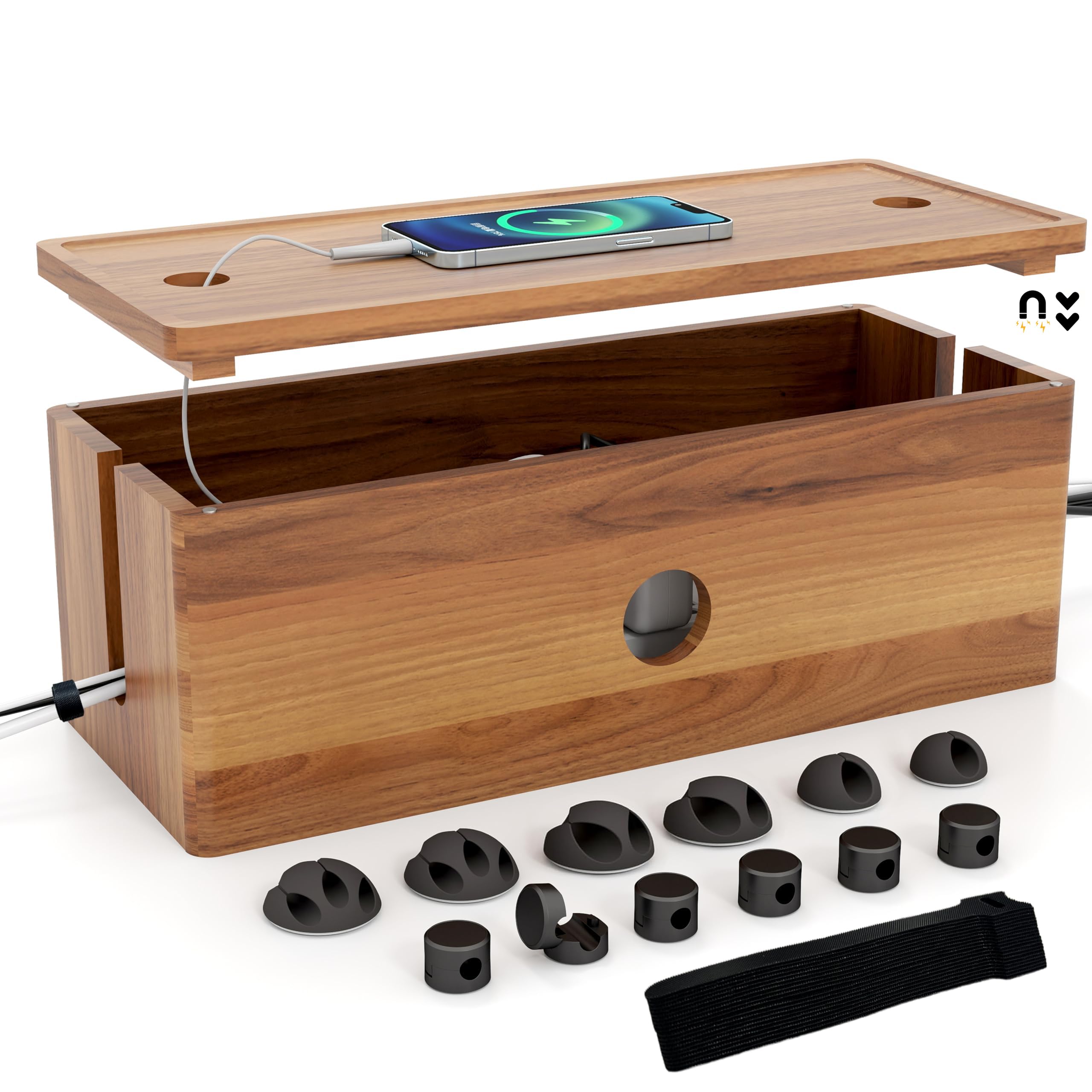 Caja organizadora de cables grande, caja organizadora de cables de madera de acacia con tapa magnética extraíble, organizador de escritorio de 4 ranuras abiertas, oculta cables de TV, cables