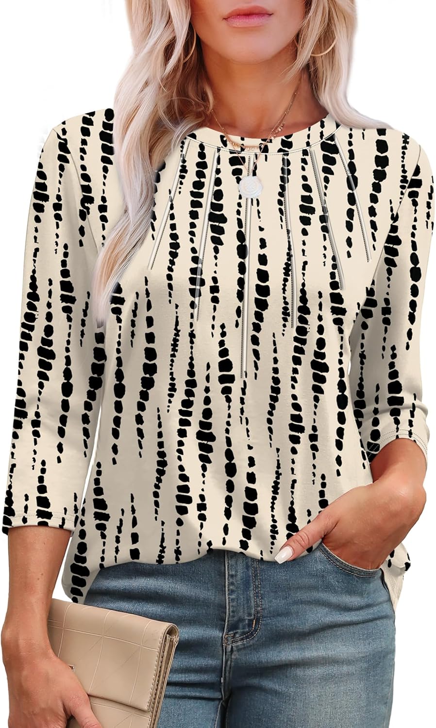 XIEERDUO 3/4 Length Sleeve Womens Tops Round Neck Casual Tunic Tops Basic Pleated Shirts Loose Fit 2025