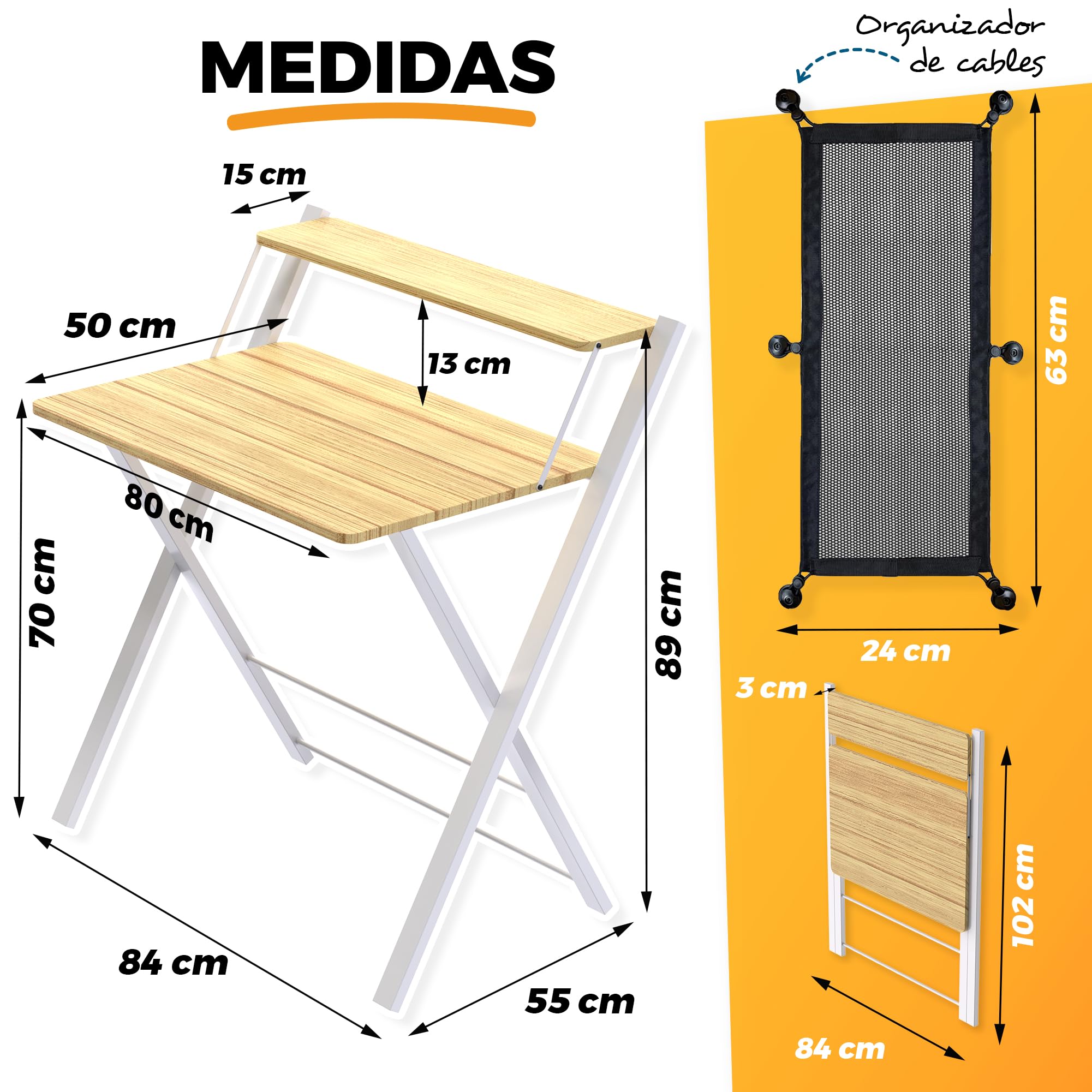 Escritorio Plegable con Estante para Monitor , Mesa Escritorio Pequeña sin Montaje , Escritorio Blanco para Oficina , Estudio o Casa , Ideal como Mesa Ordenador Portátil o Escritorio Abatible.