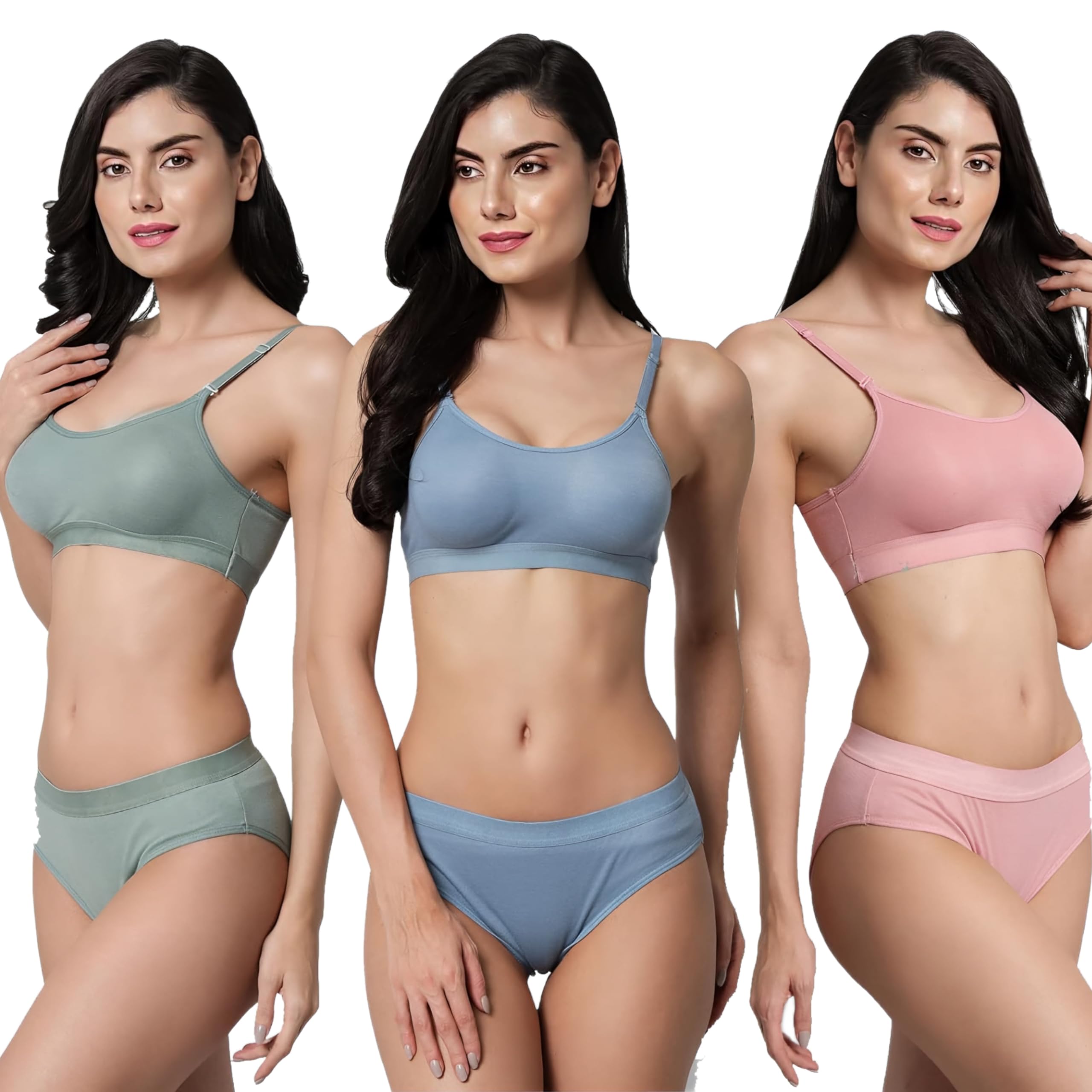 fvco Sports Bra Panty Set for Women, Combo Pack of 3 (Blue, Pink, Green)-picture-26