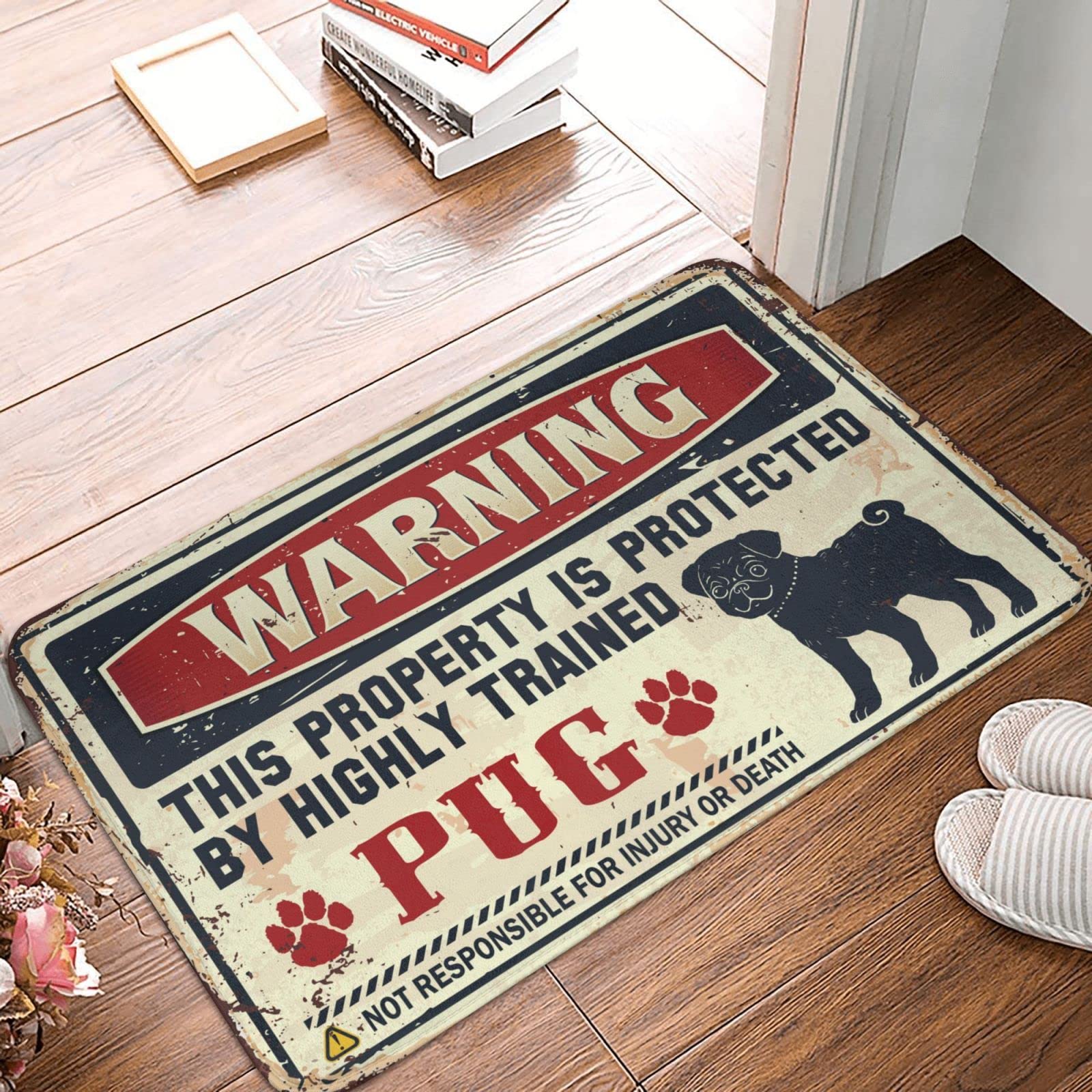 Tapis de porte d'extérieur humour carlin avec message d'avertissement original
