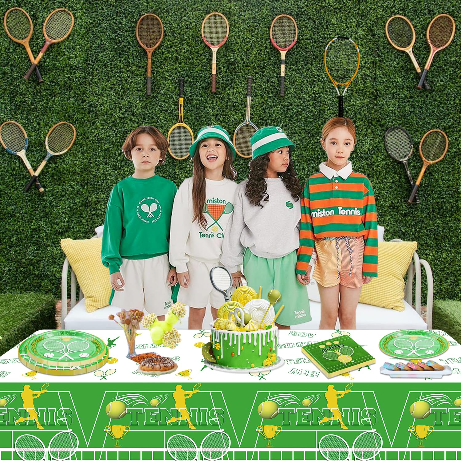 Tennisfeestdecoratie, inclusief tennisvlag, tennistafelkleed