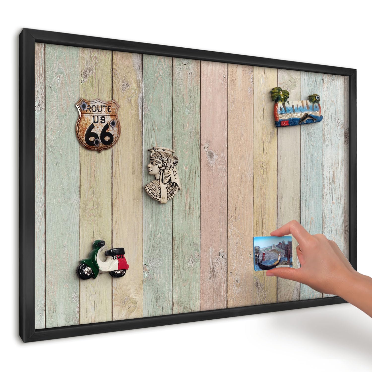 Tablero Imanes de Viaje 60x40 cm | Marco Negro | tablas rústicas | Montaje Vertical y Horizontal | para Casa, Cocina y Oficina | Decoración de Pared | Superficie Metálica