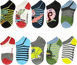 Spongebob Squarepants No Show Socks - Spongebob, Squidward, Patrick, Mr Krabs - Kids 10-Pairs of Socks Set (Sponge, Small - Kids Shoe Size 7-10)