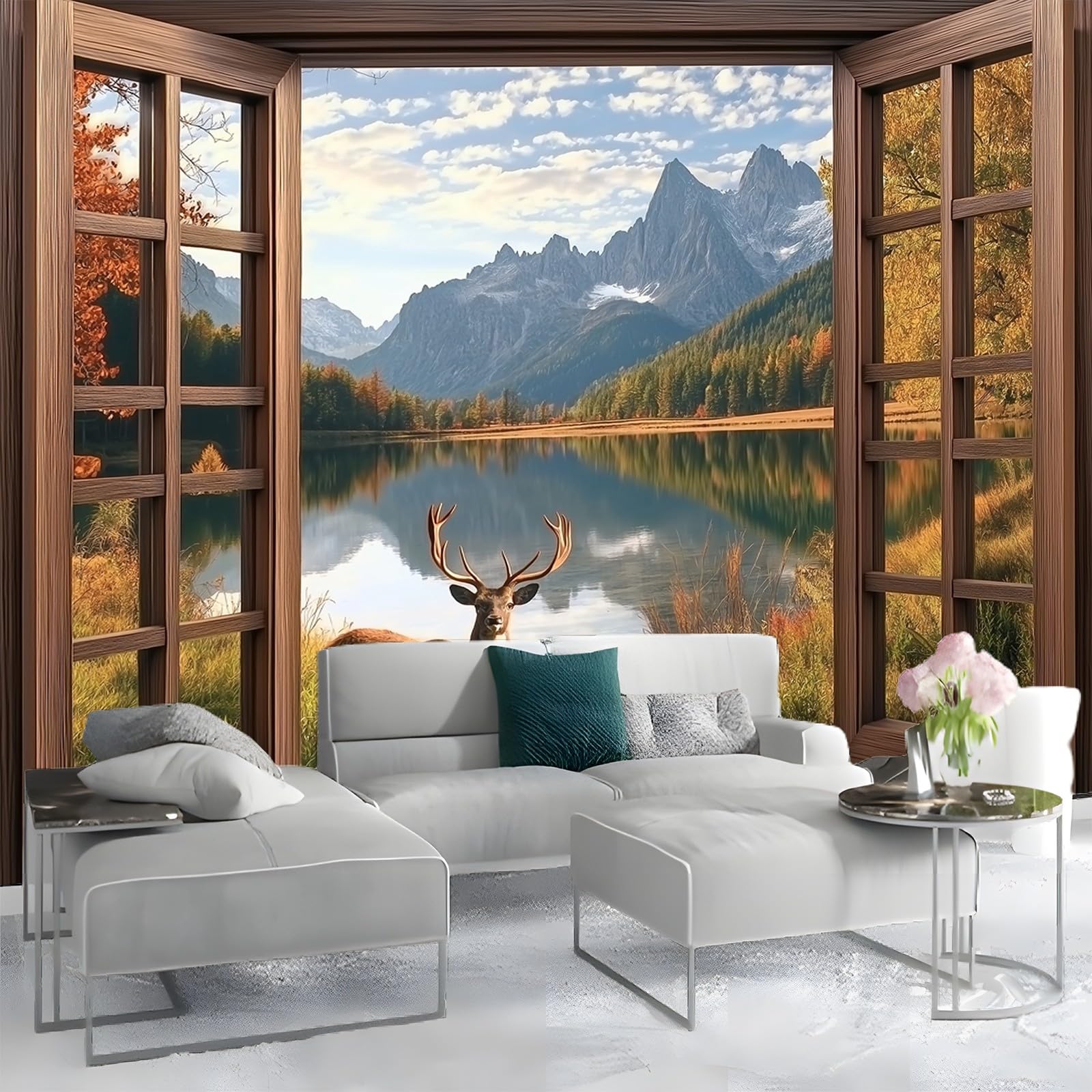 Fototapeta 3D Realizm Rama okienna Góry Jeleń Fototapeta Nietkany Plakat Fototapeta 300 x 210 cm Moda Dziecięca Dekoracja Domu Tapeta Papierowa Fototapeta
