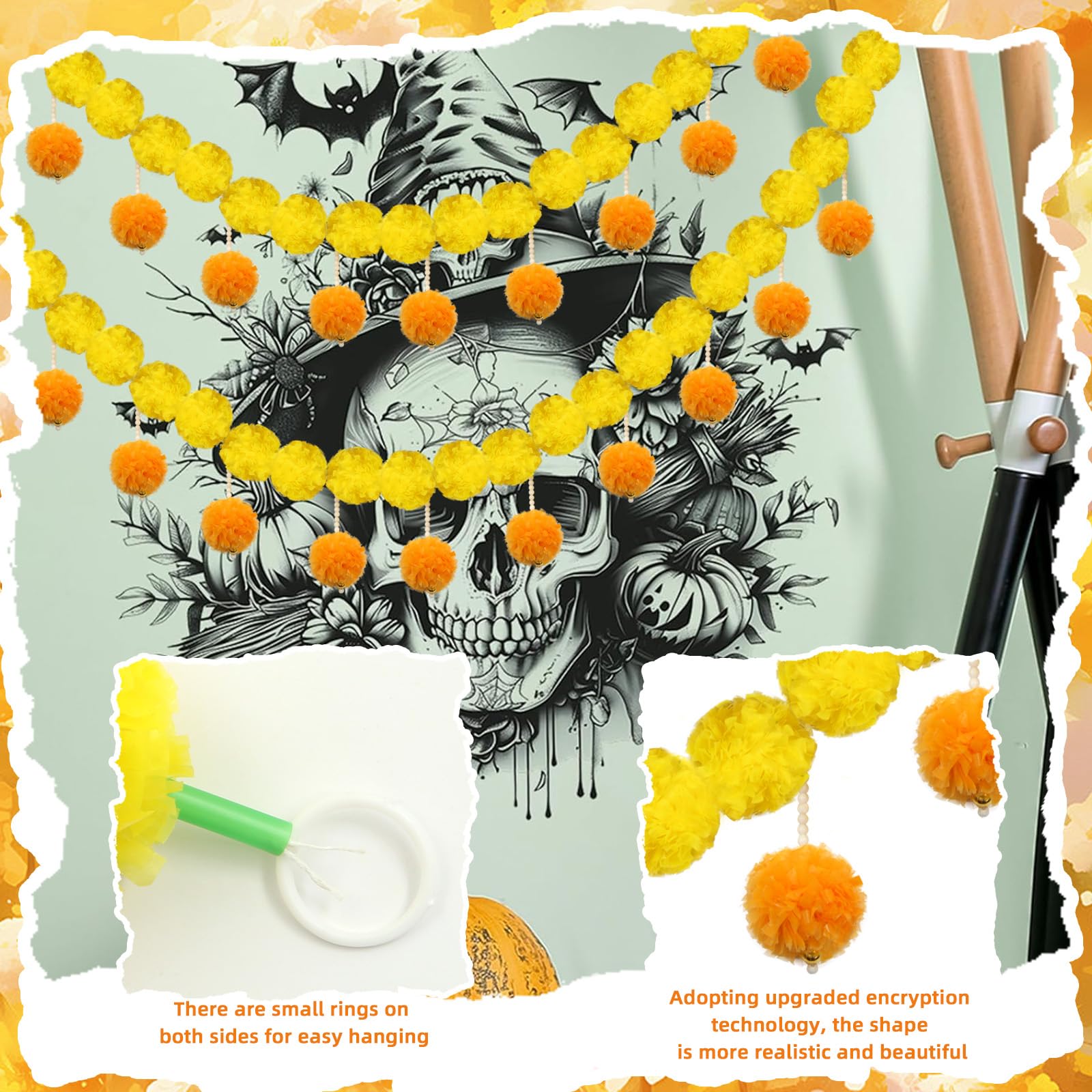 Day of the Dead Marigold Garland, 53 Inch Artificial Orange & Yellow Flower Garland for Día de los Muertos Decorations - Image 3