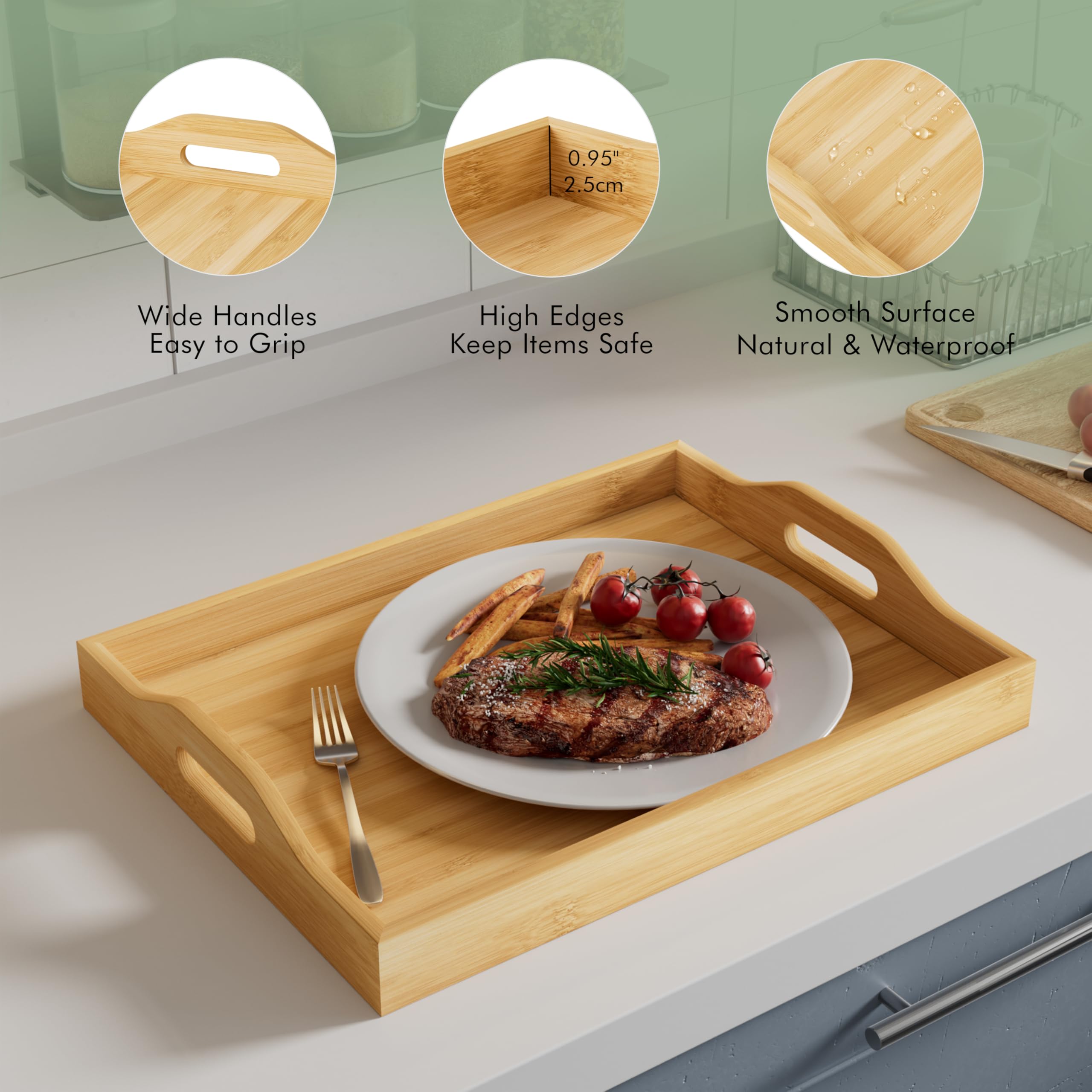 Paquete de 3 bandejas de servir con asas, bandeja rectangular anidable de 3 tamaños, bandejas de servir fáciles de llevar, bandejas de bambú duraderas para servir alimentos, fiestas, cocina, organizar