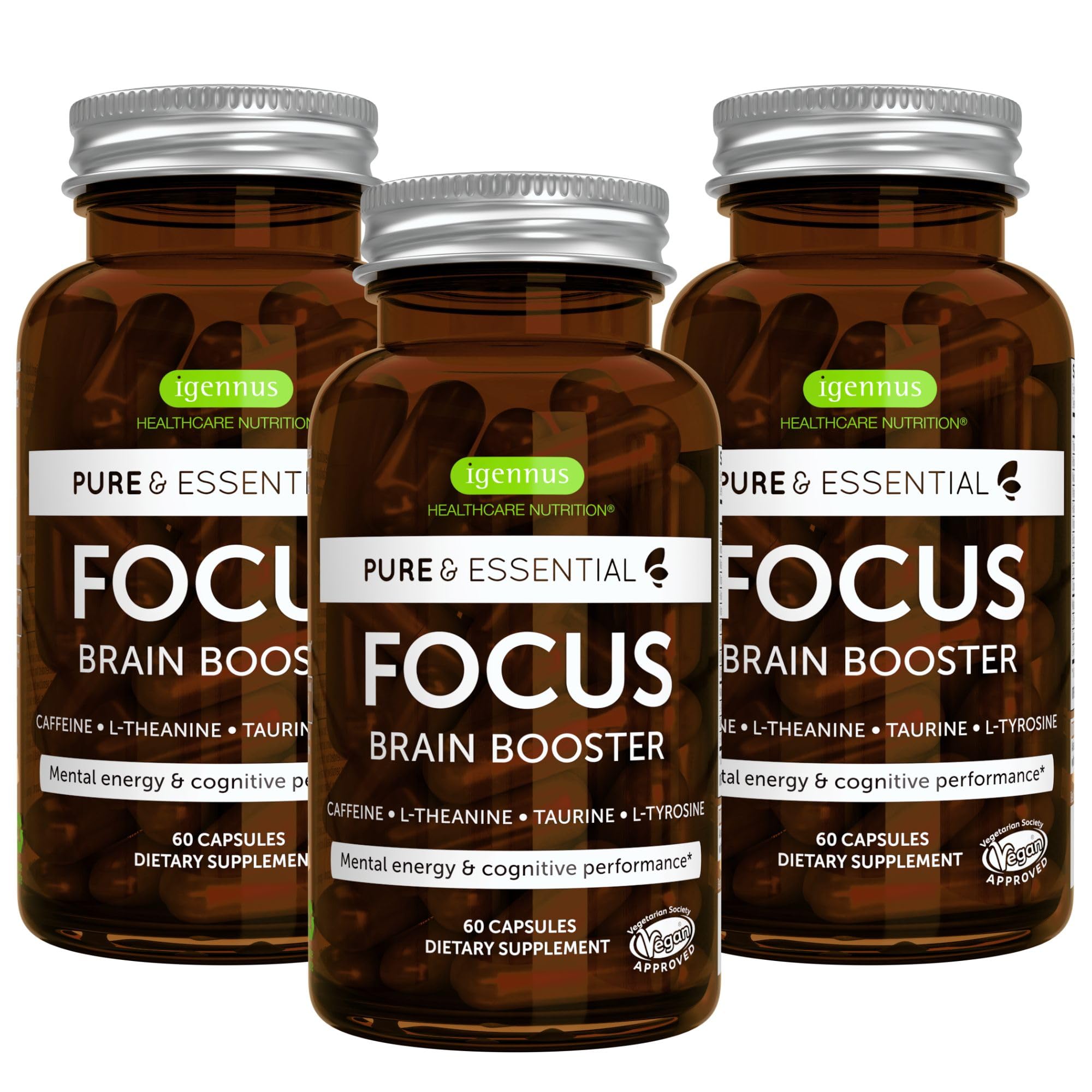 Igennus Focus - Nootropic with 200mg Natural Caffeine, Methylated B Vitamins, L-Theanine, Taurine, L-Tyrosine, Clean Energy, Brain Booster & Cognitive Performance, Non Jittery, 180 Capsules