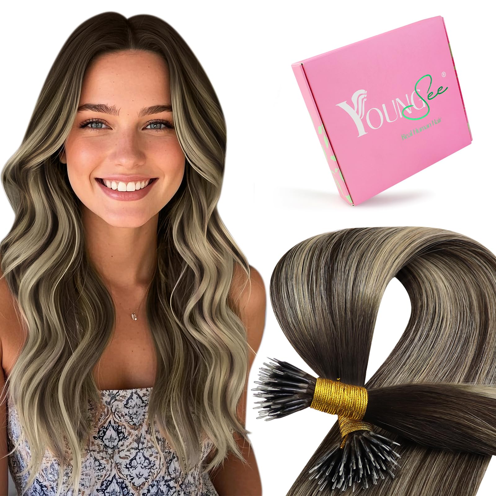 YoungSee Nano Beads Hair Extensions Blonde 14inch Nano Hair Extensions Warm Ash Blonde Highlights Bleach Blonde Nano Ring Hair Extension Highlight for Women Cold Fusion 50g Short Straight 50s — view 42