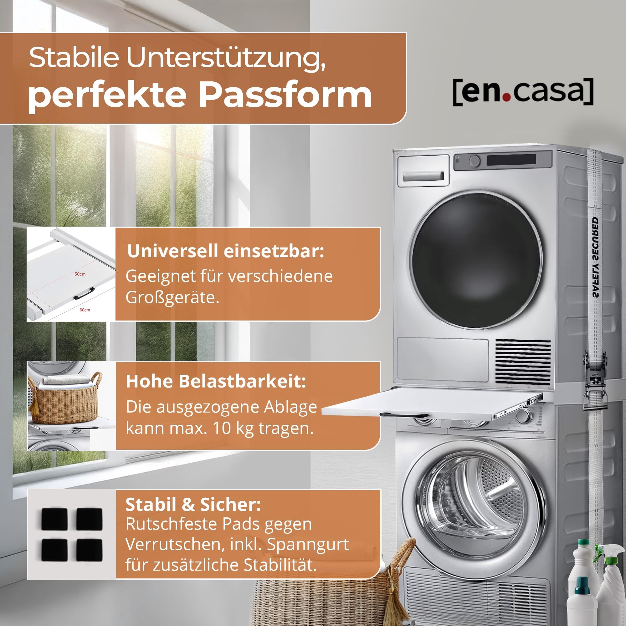 [en.casa] Universal Zwischenbaurahmen für Trockner & Waschmaschine (60cm Breite) - mit ausziehbarem Regal - Waschturm Verbindungsrahmen - Verbindung Alternative zu Waschmaschine Trockner Schrank