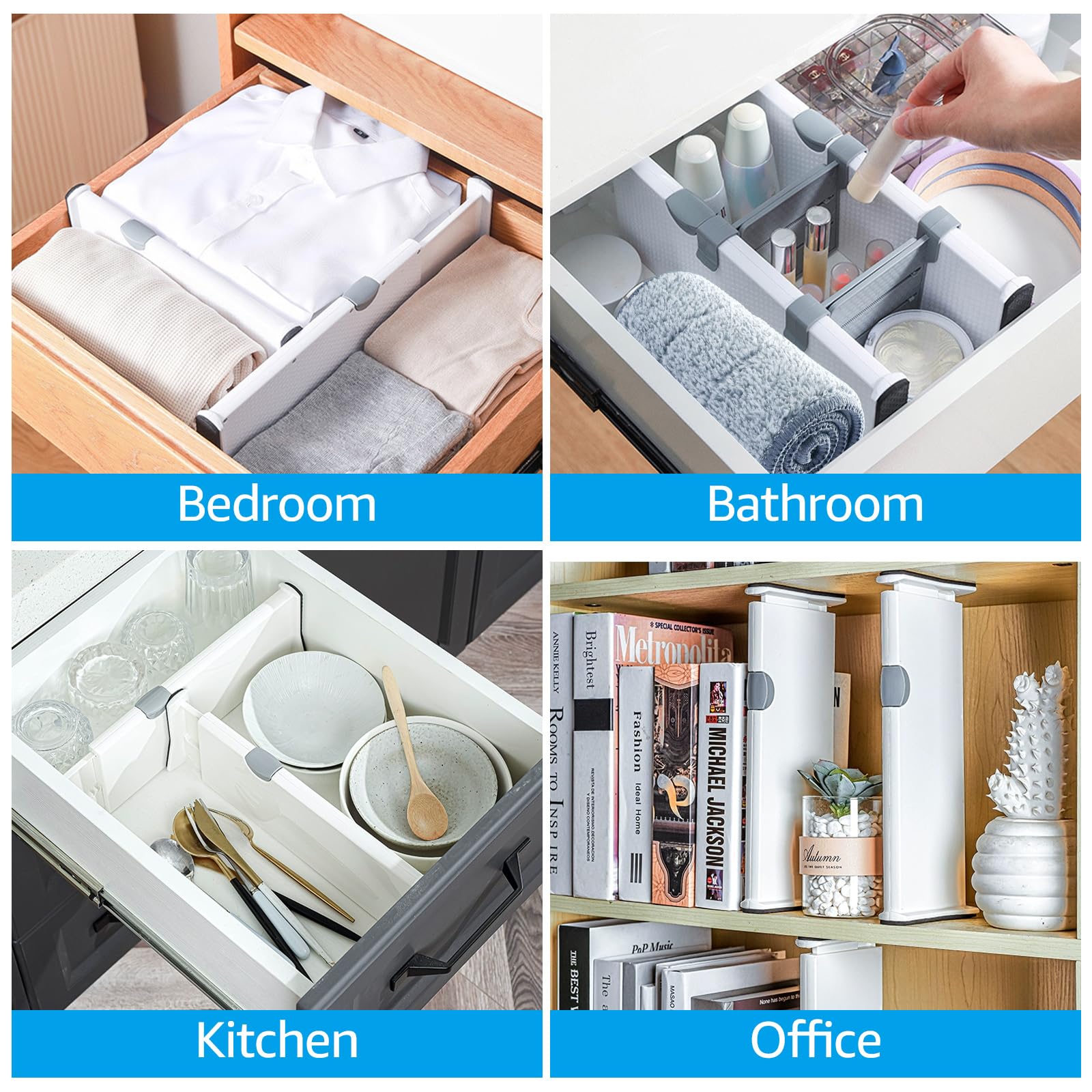 Set di 4 separatori per cassetti, regolabili, 33-55 cm, altezza 12,5 cm, organizzatore per cassetti, in plastica, per vestiti, cucina, camera da letto, cassettiera, bagno