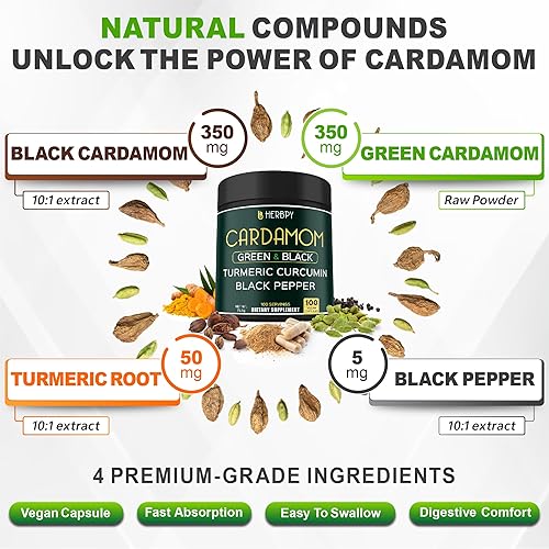 Miniatura 3 de Paquete de cápsulas de cardamomo 4 en 1, 100 unidades y suplemento de mio-inositol 6 en 1 y D-Chiro inositol para mujeres, 120 unidades, apoya la