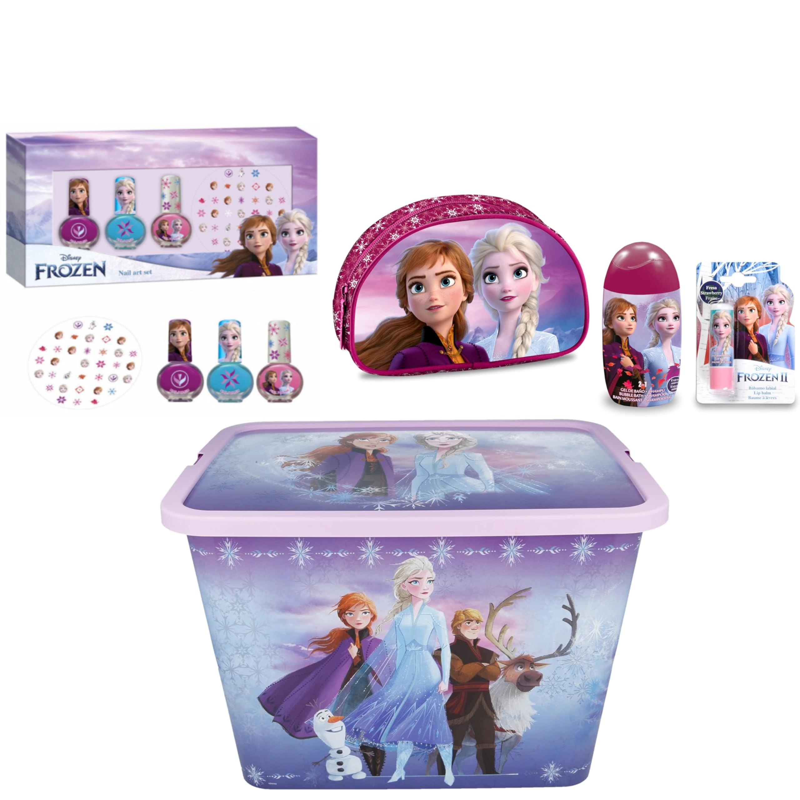 Disney Frozen (Elsa & Anna) Gift Set Includes Toilet Bag ,2 in 1 Bubblebath Shampoo 120ml, Lipbalm, 3 Nail Polish and Nail Decorations, Storage Box 7 litre