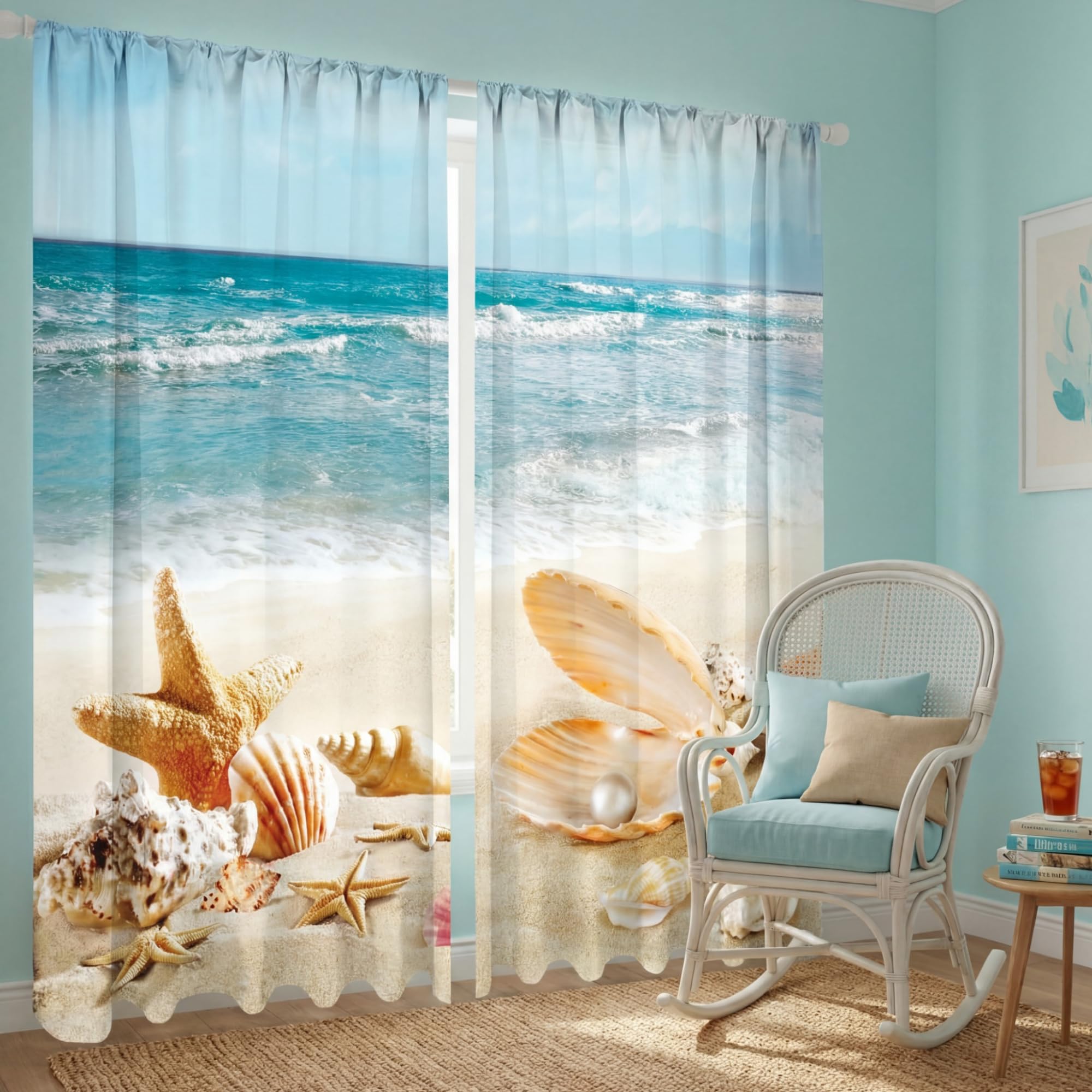 2 Pcs Summer Curtains for Living Room Ocean Beach Shell Starfish Curtains 52 x 84 Inches Summer Window Drapes Bedroom Party Decor