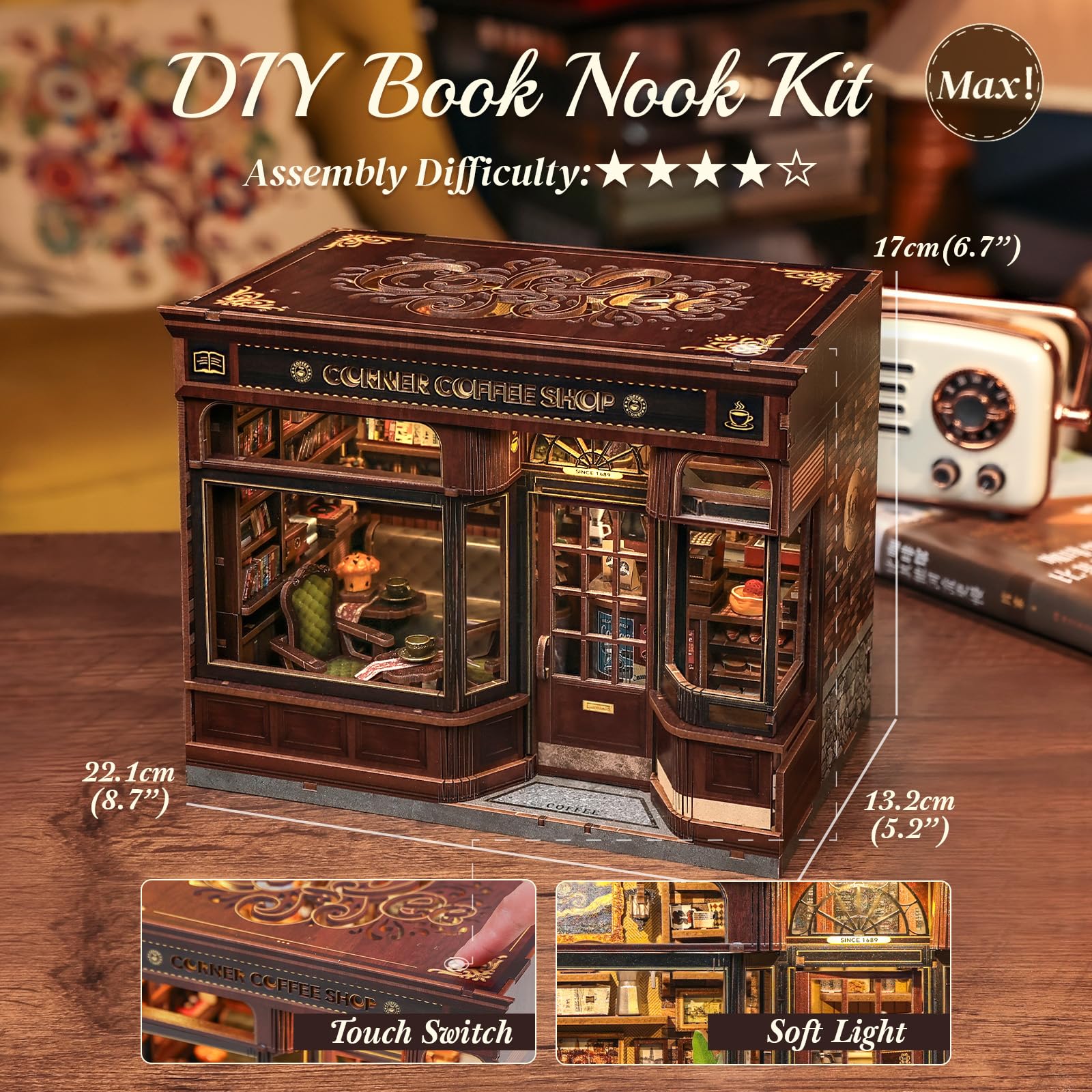CUTEBEE Book Nook Kit - Casa Prefabbricata Miniature DIY House 3D Puzzle in Legno con Design Caffetteria | Modellismo Creativo per Adulti | Regalo Perfetto per Book Lovers (Corner Coffee Shop)