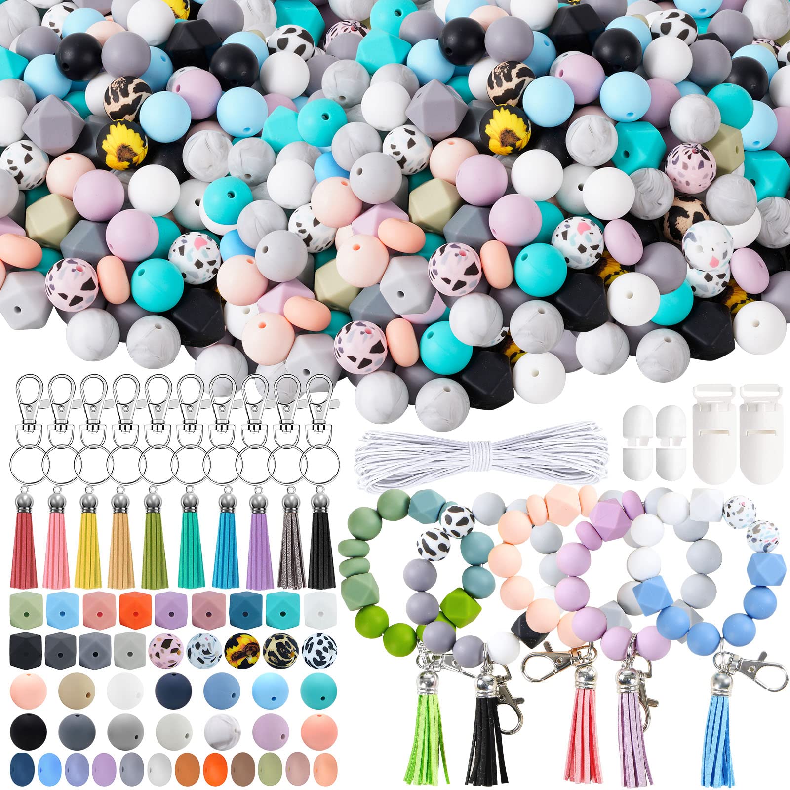 BOZUAN 220 PCS 15MM Silicone Beads for Keychain Making Kit, Multiple Styles and Shapes Silicone Beads Bulk Rubber Beads for Keychains Making