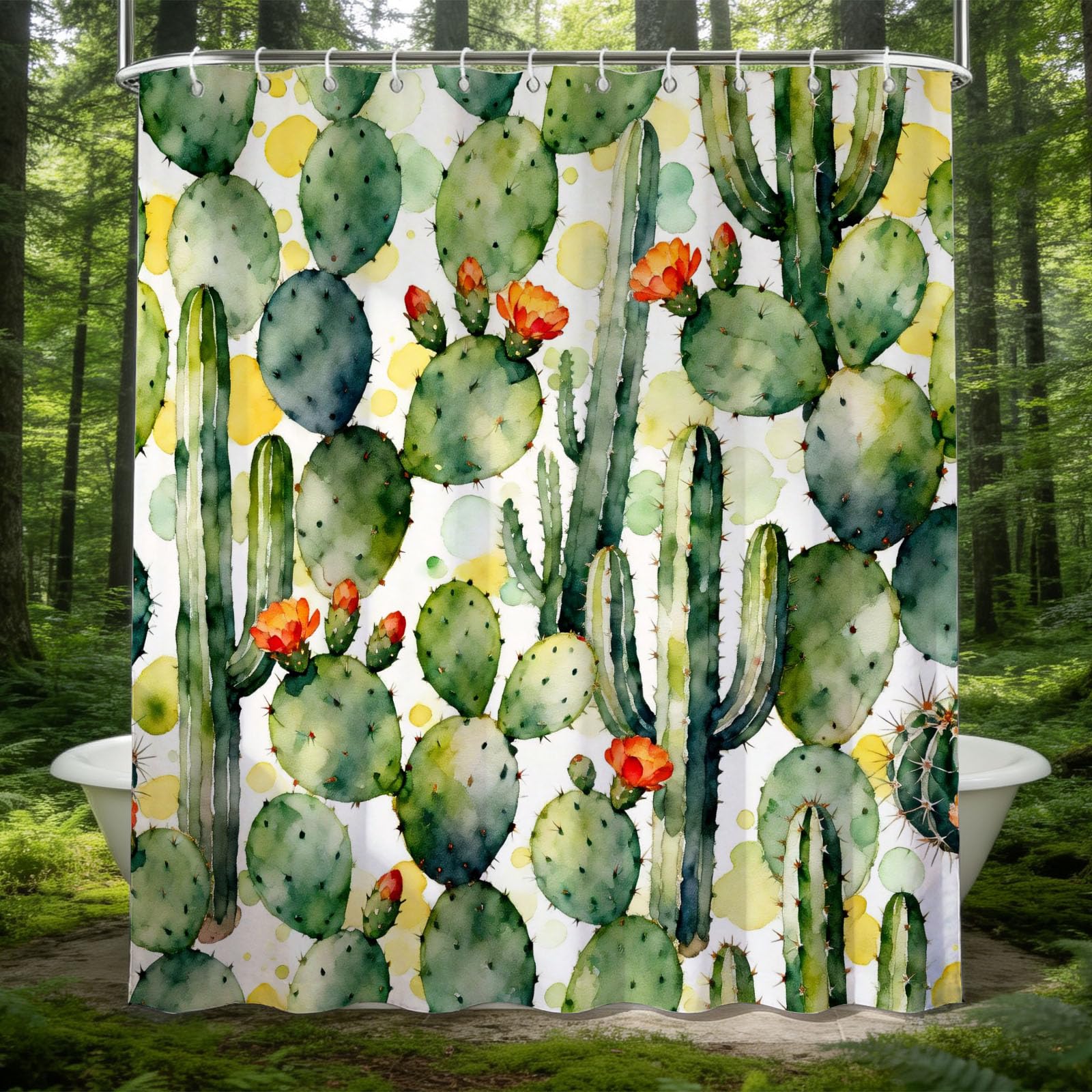 Hongduo 3D Watercolor Cactus Shower Curtain for Stalls Bathtubs Floral Flowers Bathroom Decor Shower Curtain Set Polyester Fabric Waterproof 200x200cm/79X79 Inch with Hooks