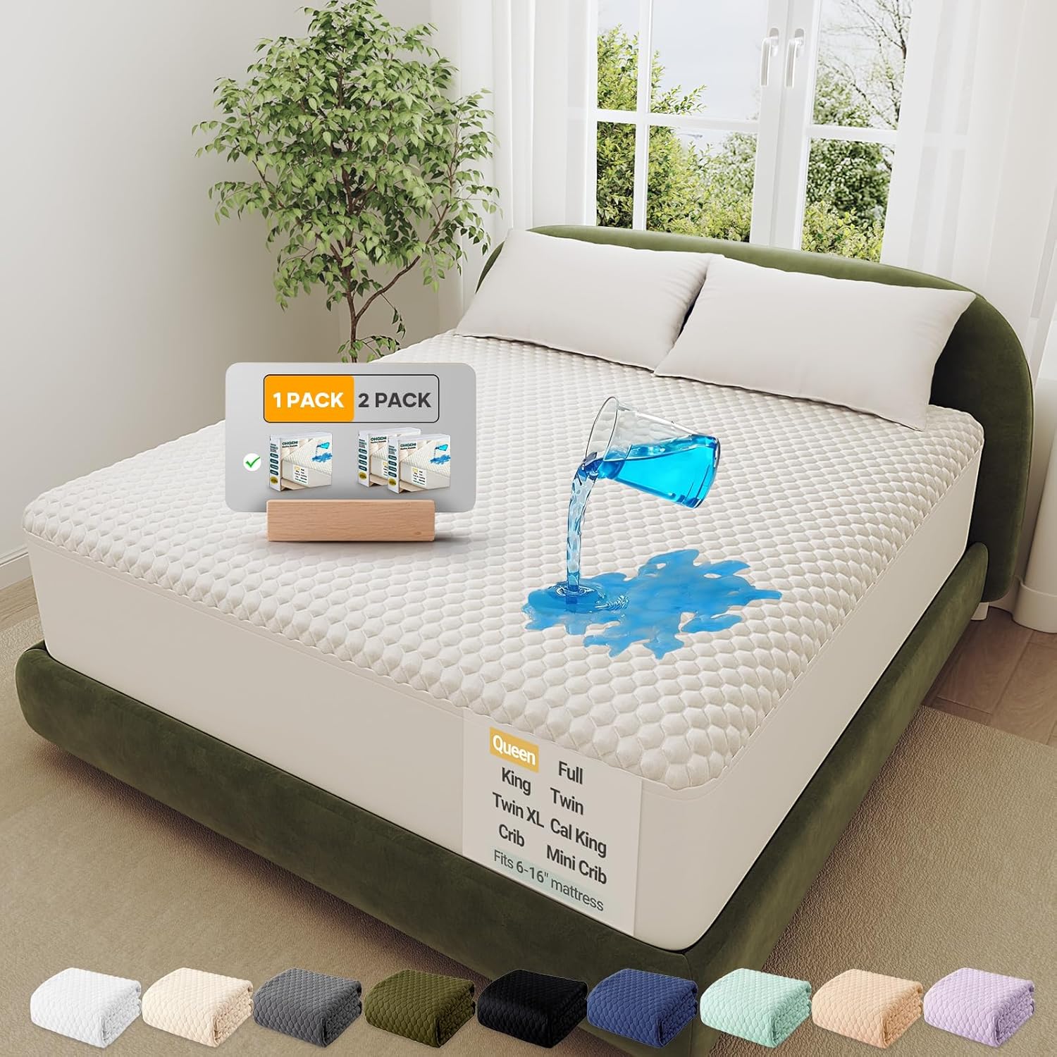 OhGeni 100% Waterproof Queen Size Mattress Protector, Soft Pad, Pet Hair Resistant, Cooling Breathable, Washable