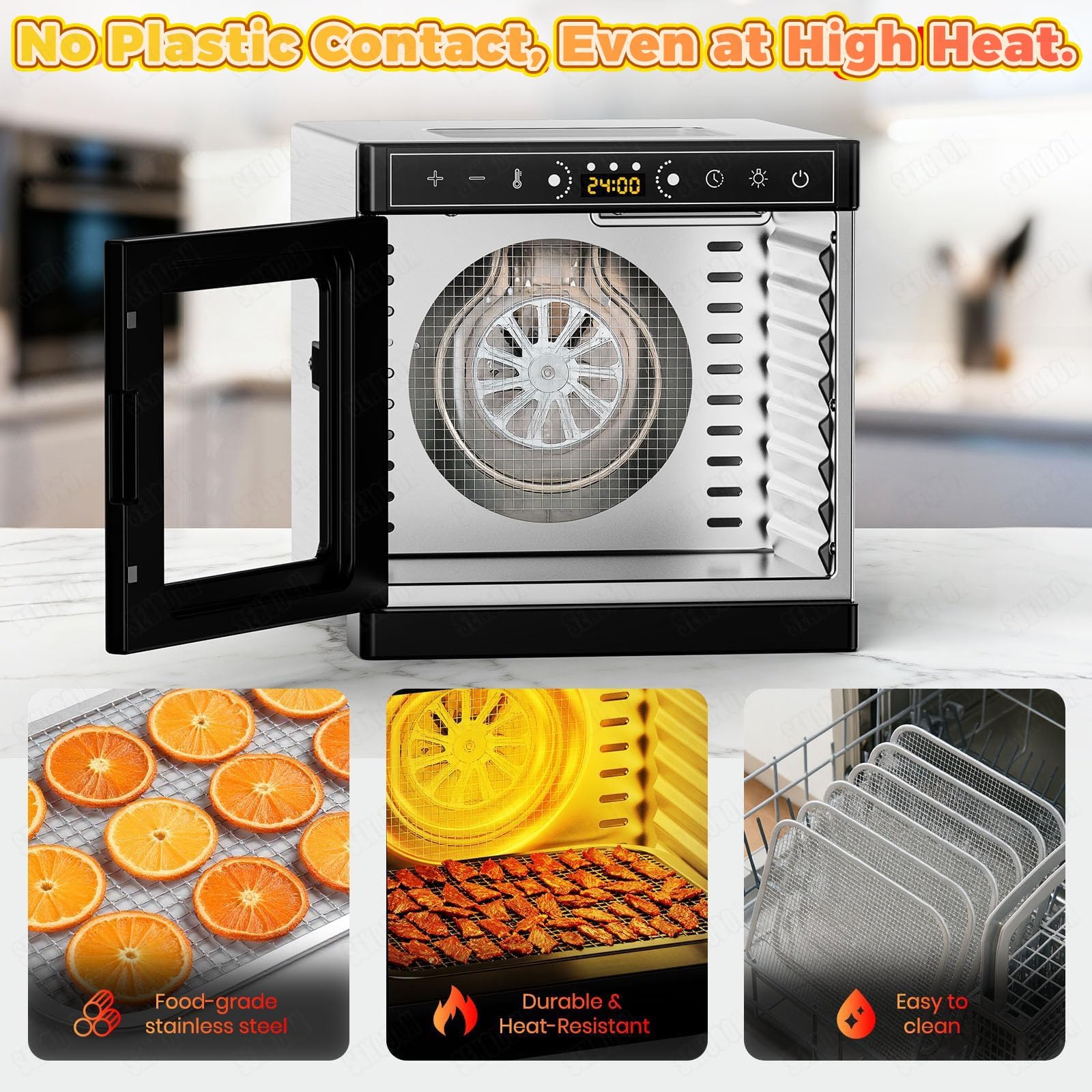 Deshidratador digital silencioso de 400 W, 6/8 bandejas, puerta de vidrio y flujo de aire 360°.35–74 °F, funcionamiento eficiente para elaborar snacks saludables, frutas desecadas