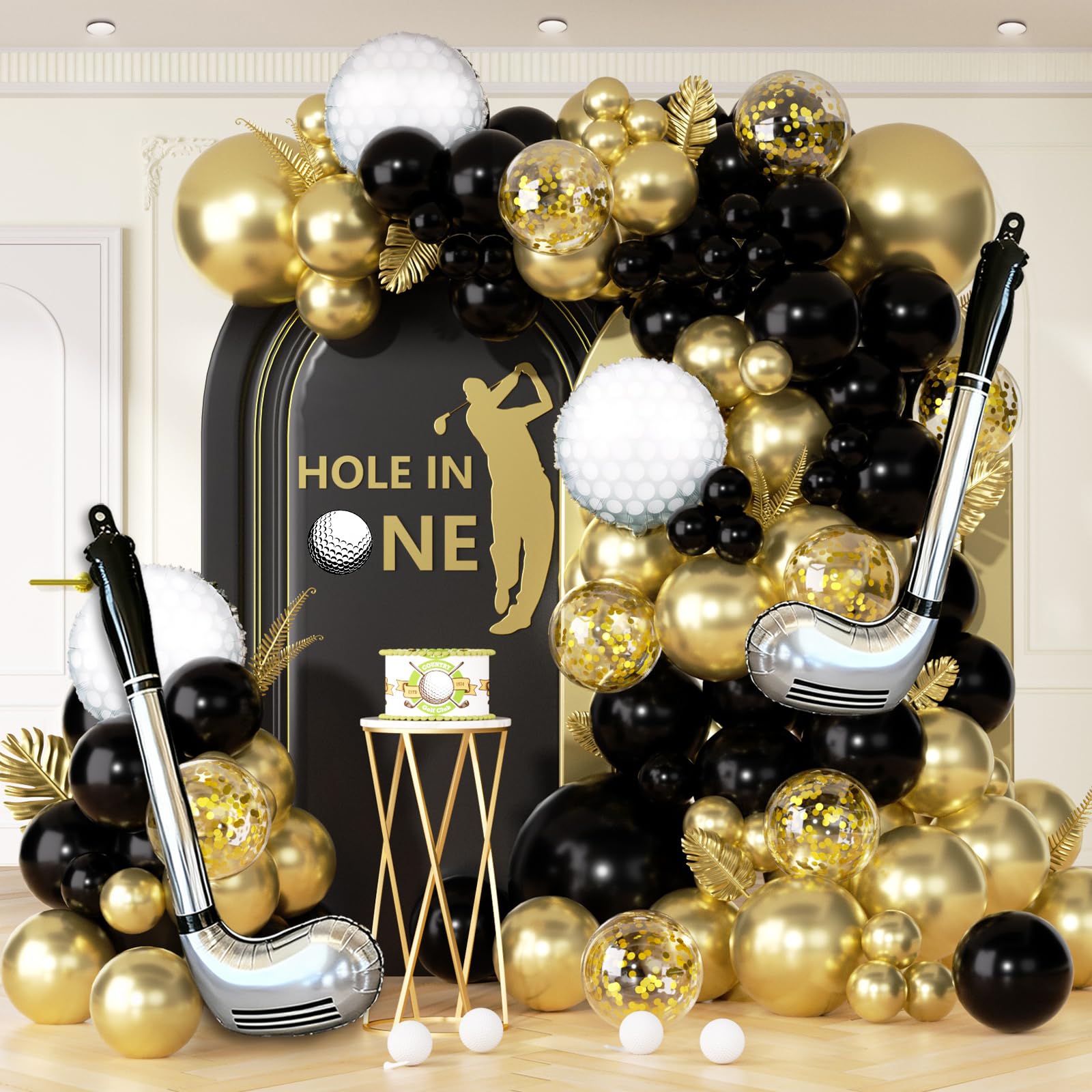 Hole in One Balloon Garland Arch Kit - 146 Pcs Black, Gold & Confetti Balloons with Golf Cart & Ball Foil Balloons for Golf Themed Retirement, Birthday, Country Club, New Year Events