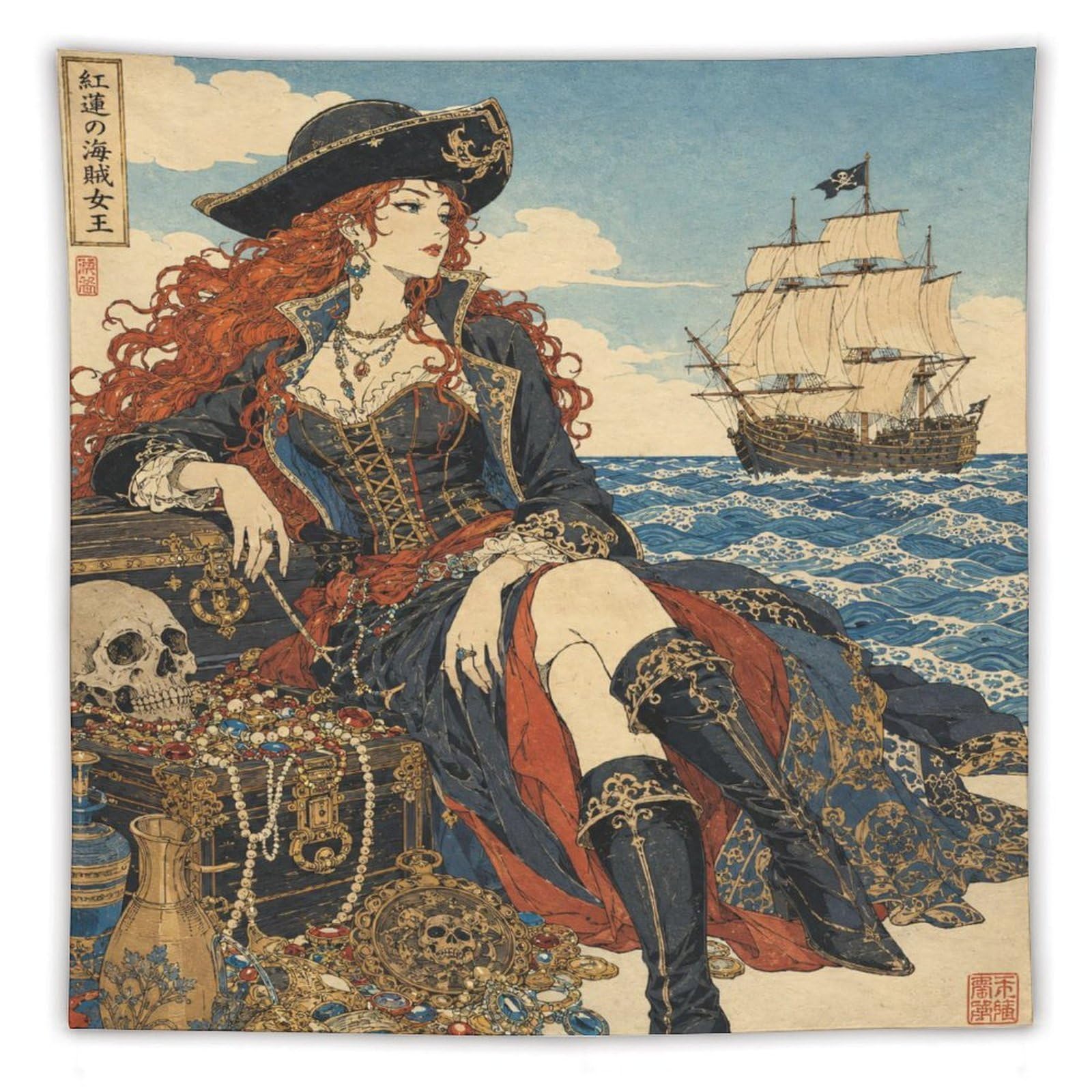 W7C8U2X3 Pirate Queen with Ship Wall Tapestry, Ukiyo-e Style, Living Room