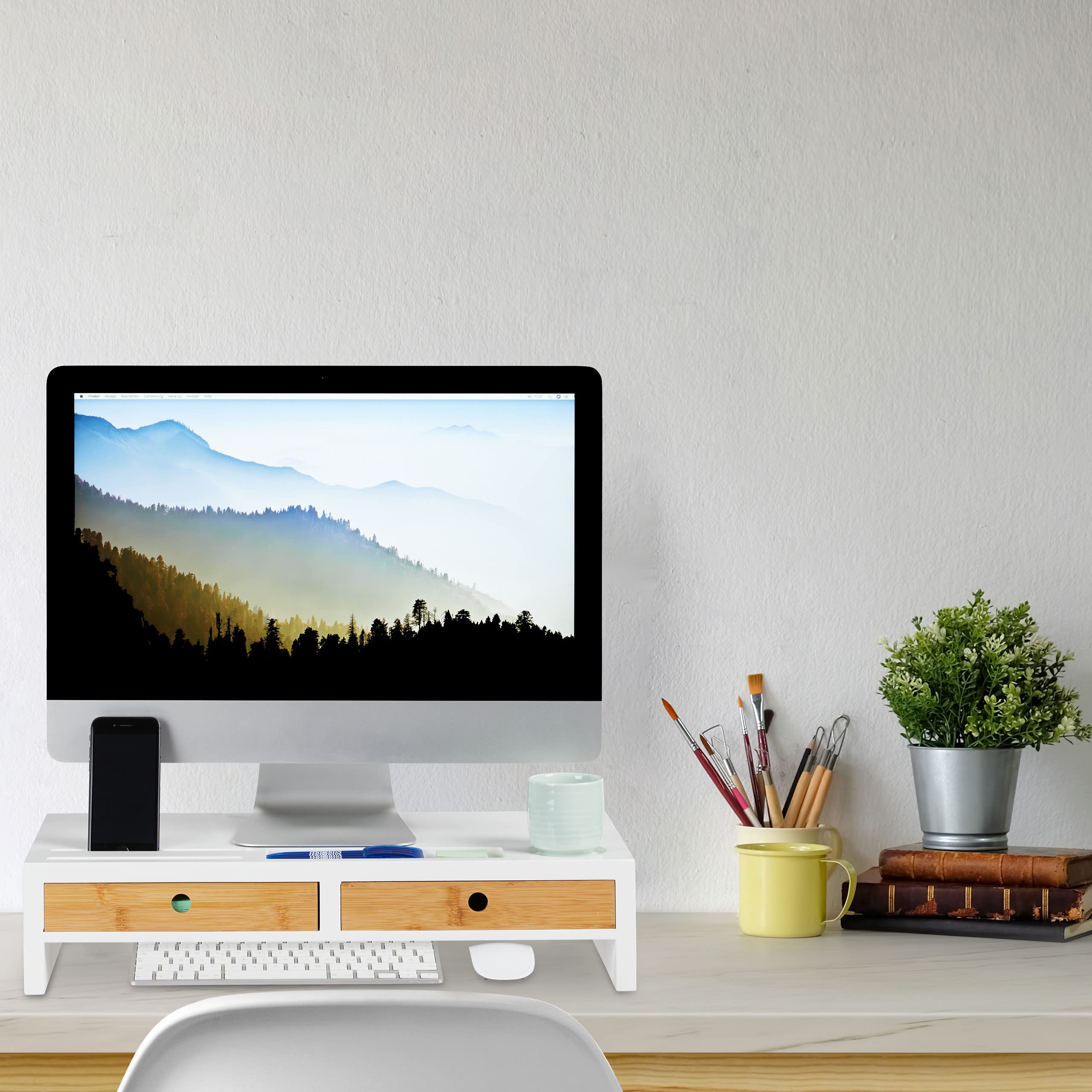 Relaxdays Supporto per Monitor, 2 Cassetti, Rialzo per PC, in bambù & MDF, HLP 11,5 x 47 x 18 cm, Bianco/Legno Naturale