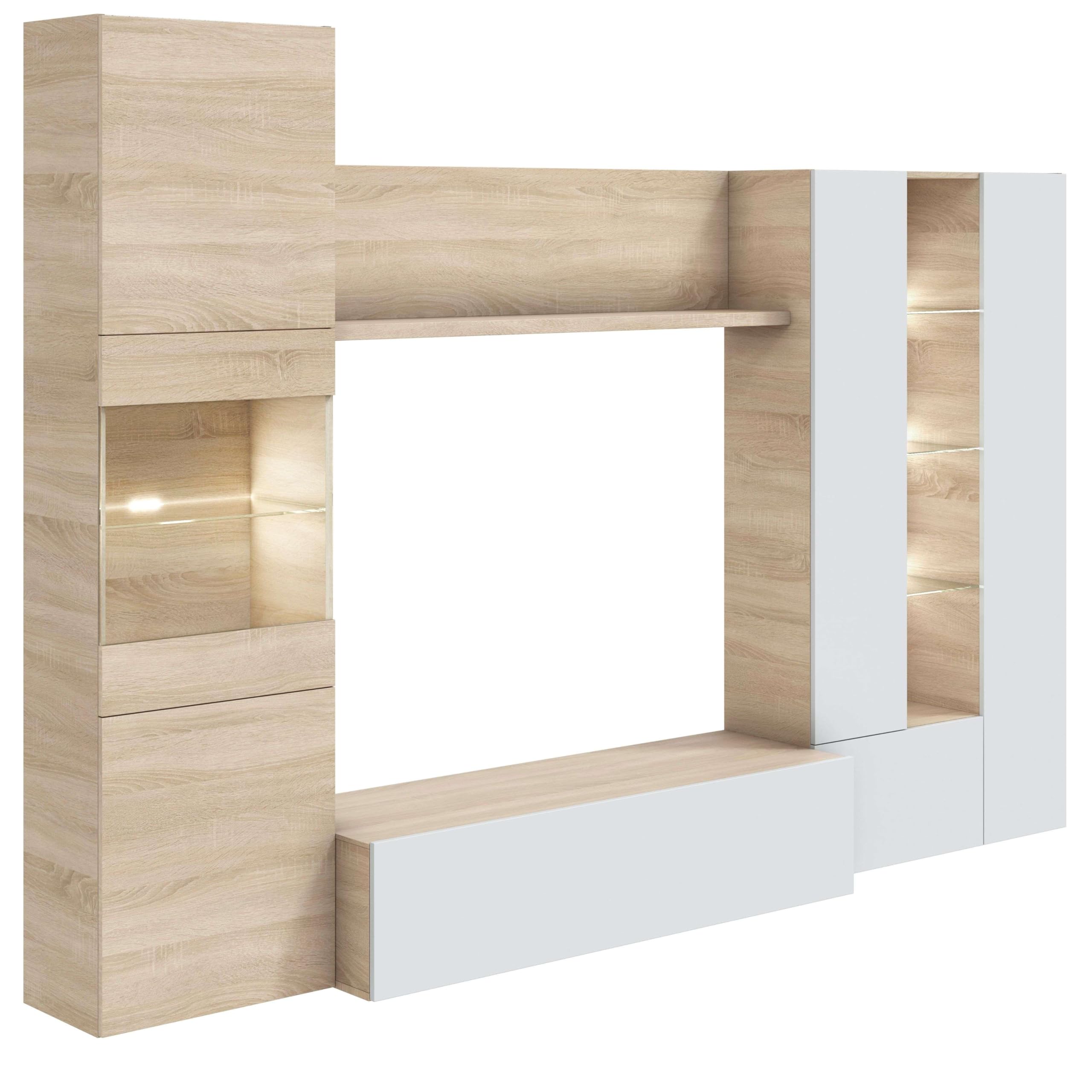 Habitdesign Esstisch-Möbel mit LEDs, Wohnzimmermöbel, Modell Essential, glänzendes weißes Finish und kanadische Eiche, Maße: 260 cm (Breite) x 185 cm (Höhe) x 42 cm (Tiefe)