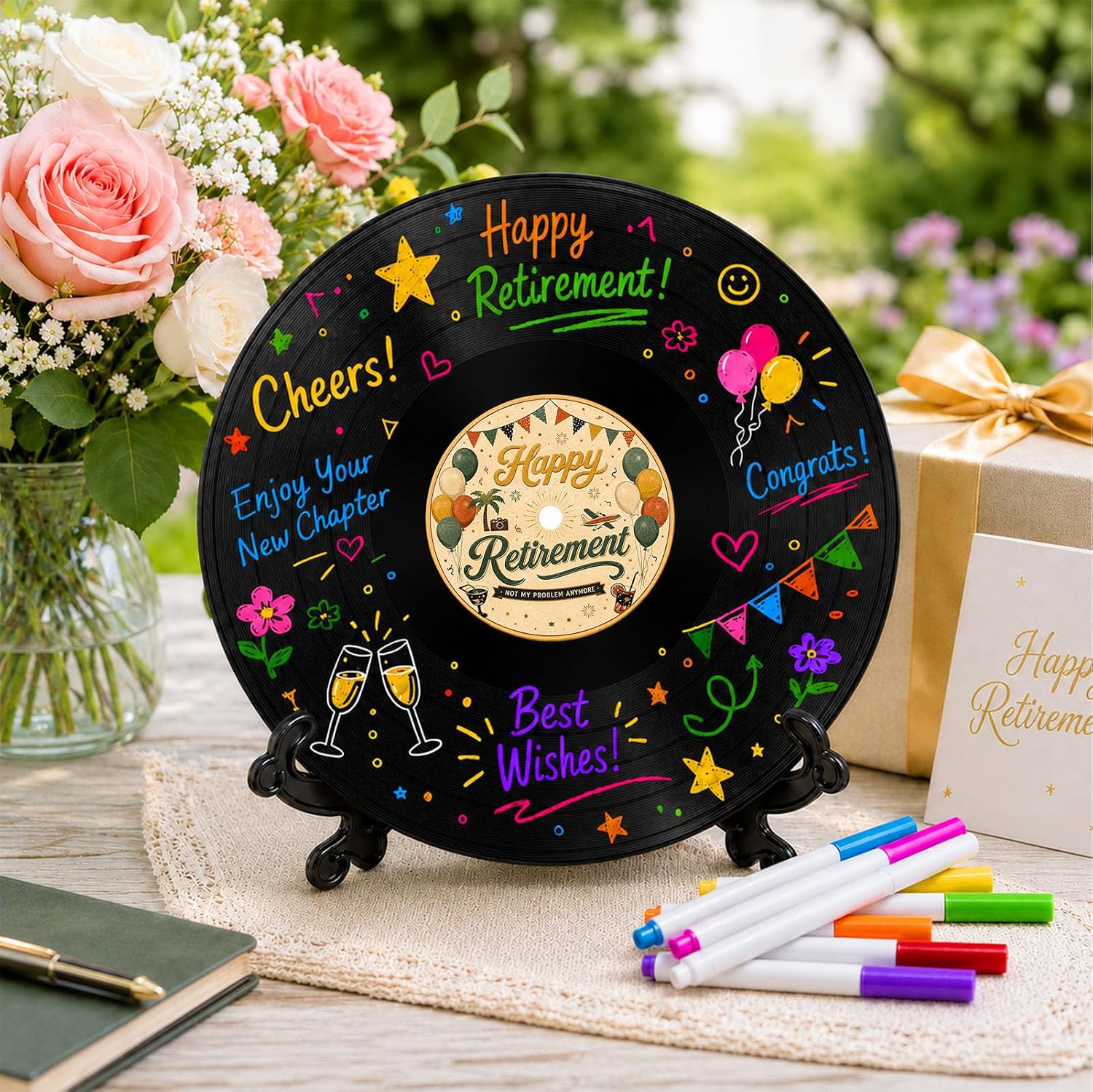 Vintage Retirement Guest Book, Vinyl Record Signing Card with Stand and 8 Color Pens, Happy Retirement Party Decorations, Large 11.8 Inch Keepsake Sign for Women Men Coworker Teacher Nurse Boss