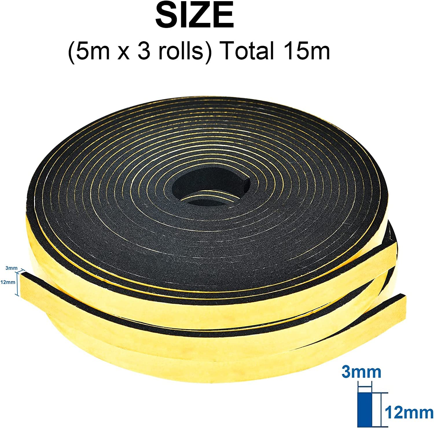 Nastro Sigillante Autoadesivo, 12 x 3mm/15M per porte Finestre e Finestre, Guarnizione in Gomma per Sigilli di Collisione, Nero