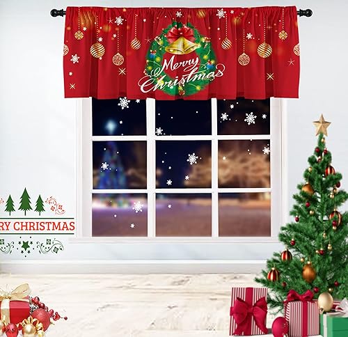 SUNWISHA Cenefas de cortina de cocina con corona de Navidad, adornos de bola de Navidad, cenefas de cortina, cenefas de invierno, color rojo,
