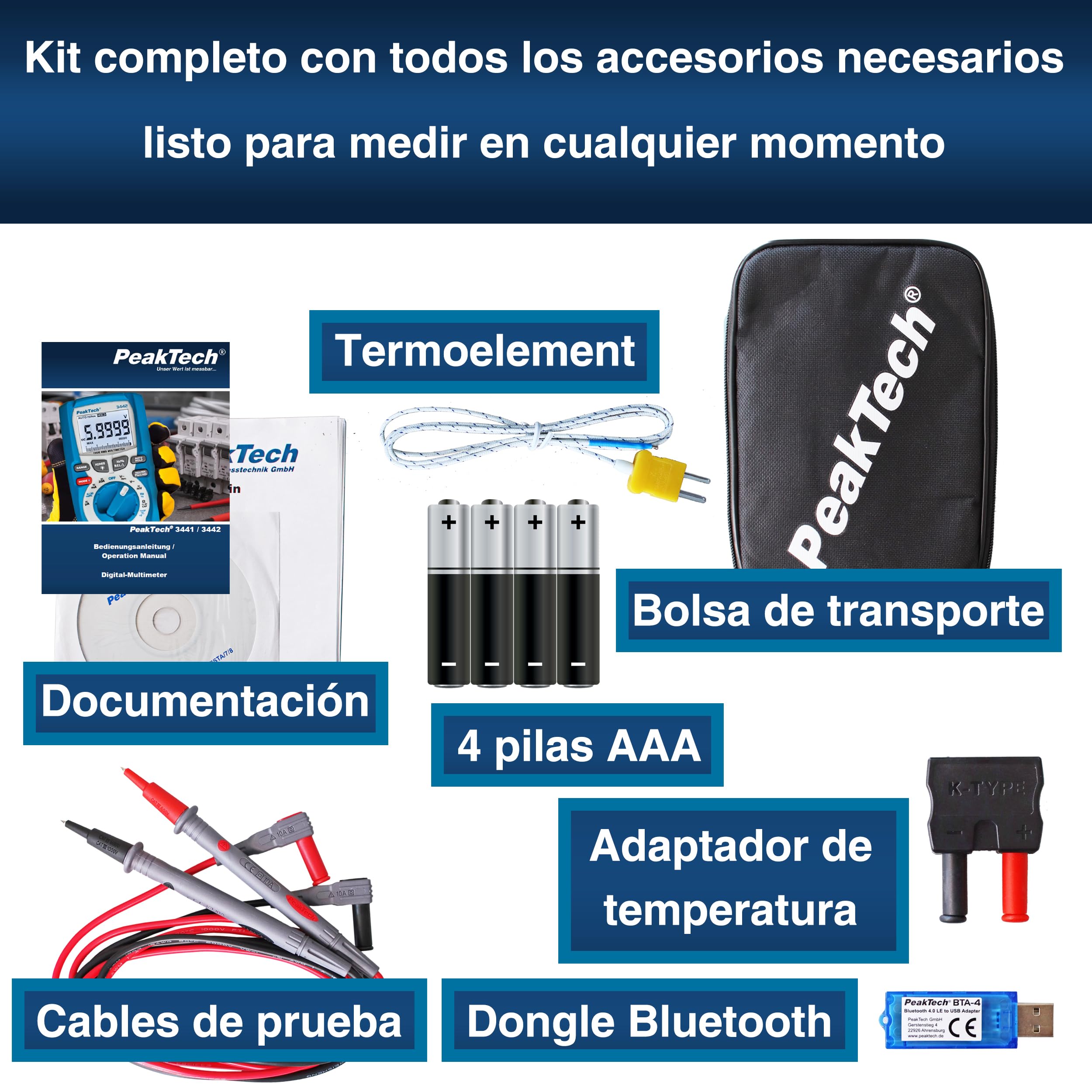 PeakTech 3442 - Multímetro Digital Rms con 60,000 Recuentos y Bluetooth 4.0, Multímetro Mano Profesional, Retención Automática, Tuv/Gs, Medidor Voltaje, Probador Continuidad - Cat III 1000V