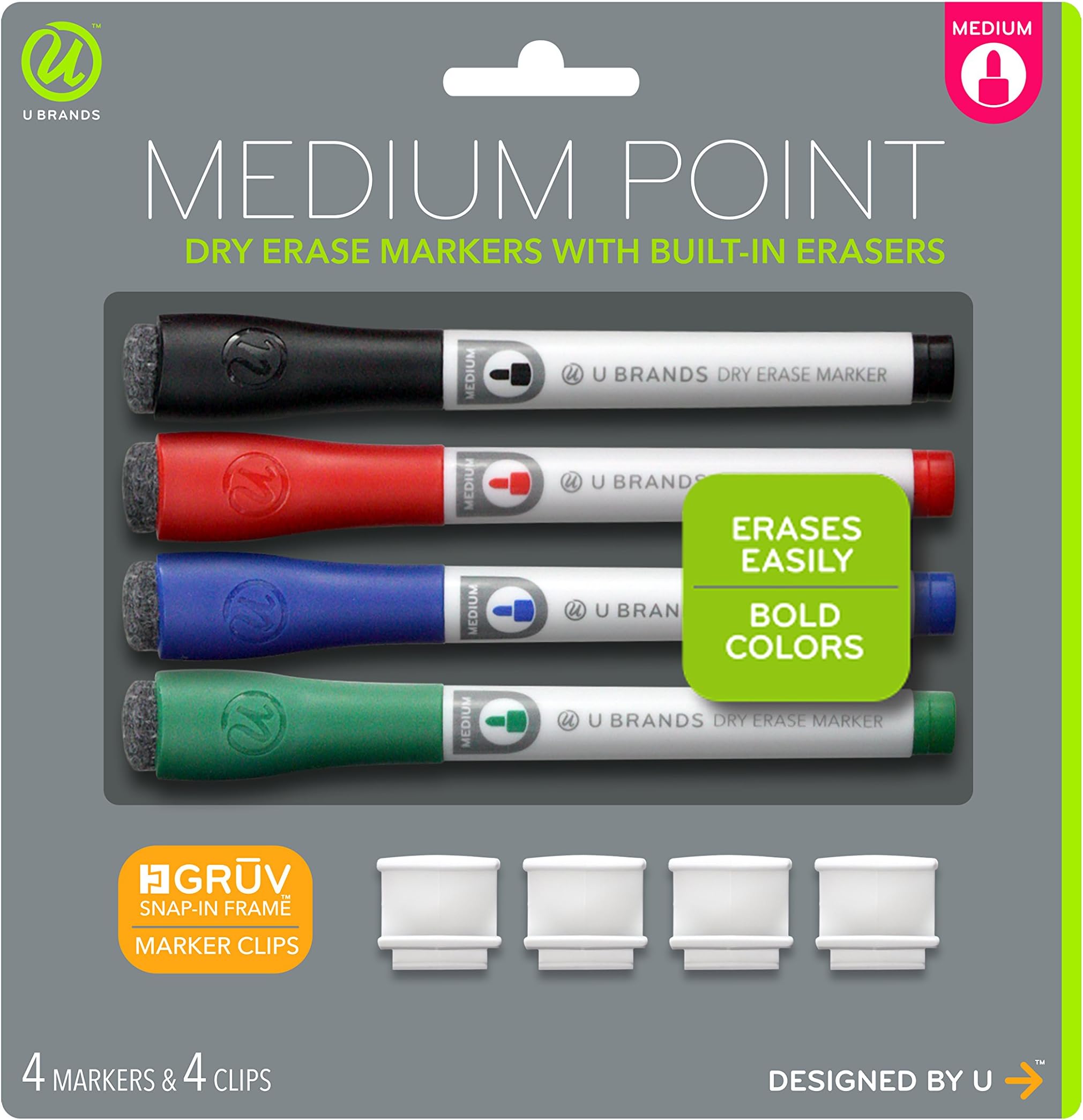 Fine Tip Dry Erase Markers with Eraser, Whiteboard Markers with Marker Clips, Low Odor, Assorted Colors, Set of 4