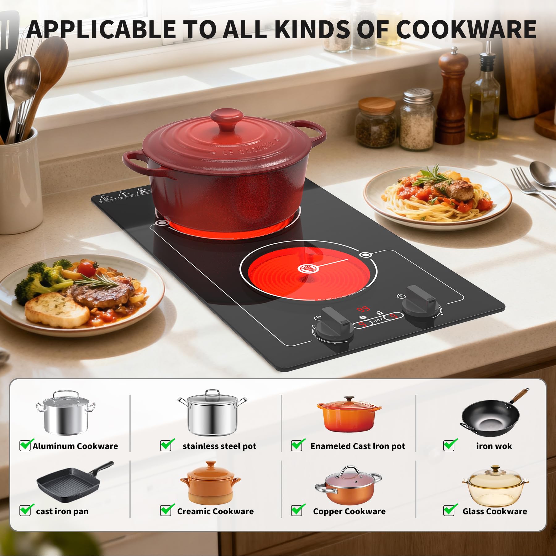 VBGK electric hob,Built-in Design and Countertop Stove Top with Knob Control&Touch Control,10 Power Level, Timer & Kid Safety Lock,220V 3000W 2 burner electric hob — view 4