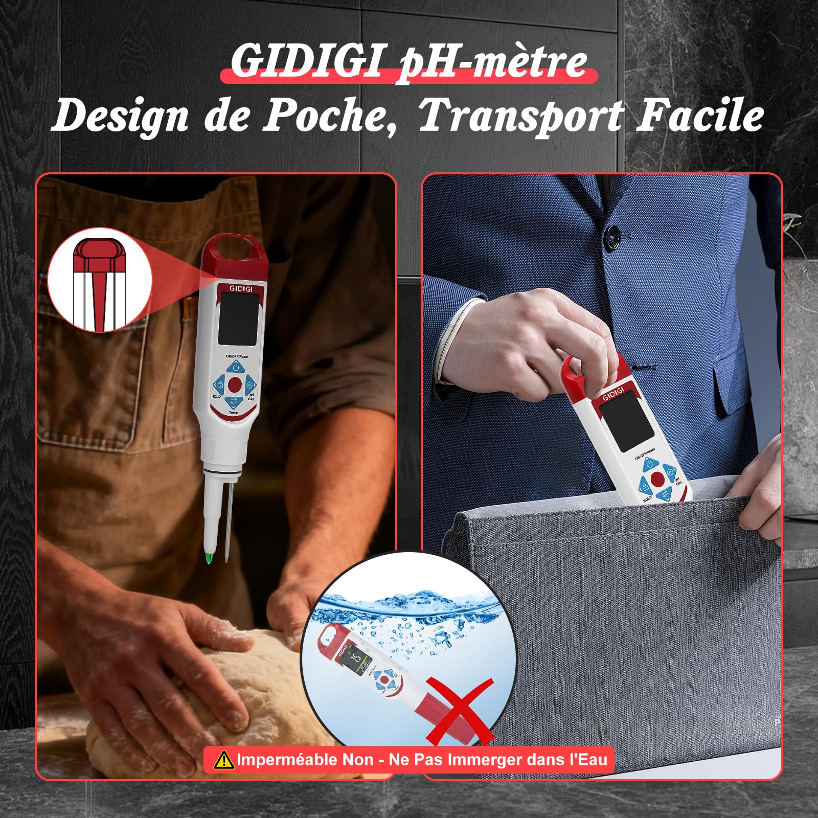 pH-mètre pour fermentation alimentaire, testeur de pH à sonde avec écran couleur (avec compensation automatique de température) pour cosmétiques, levain, viande, fromage, conserves, légumes marinés