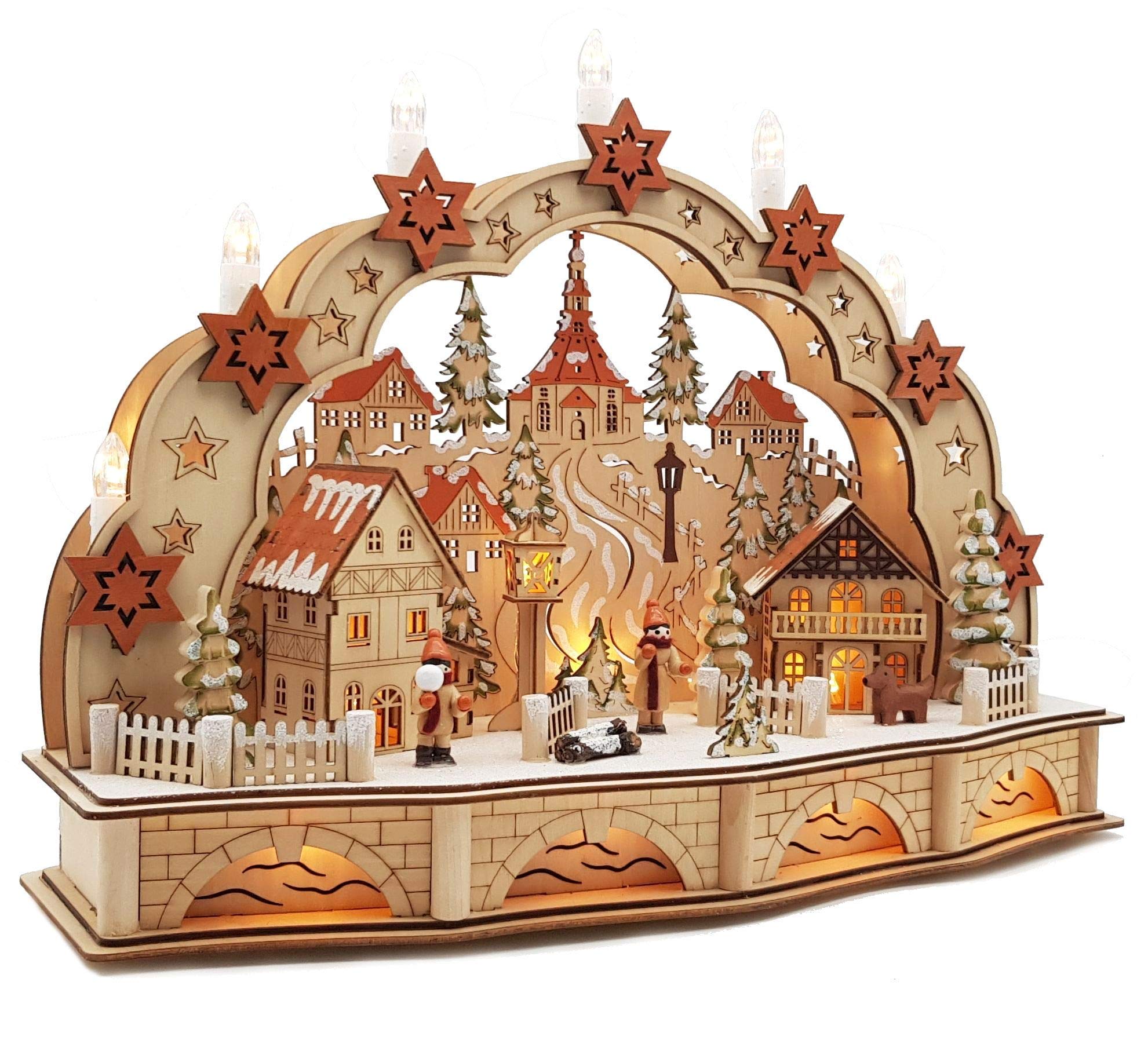 Wichtelstube-Kollektion Holzkunst LED Schwibbogen mit Sockel Seiffener Kirche Schwibbogen Lichterbogen Weihnachtsdeko Fenster Echtholz, Batteriebetrieben inkl. Timer