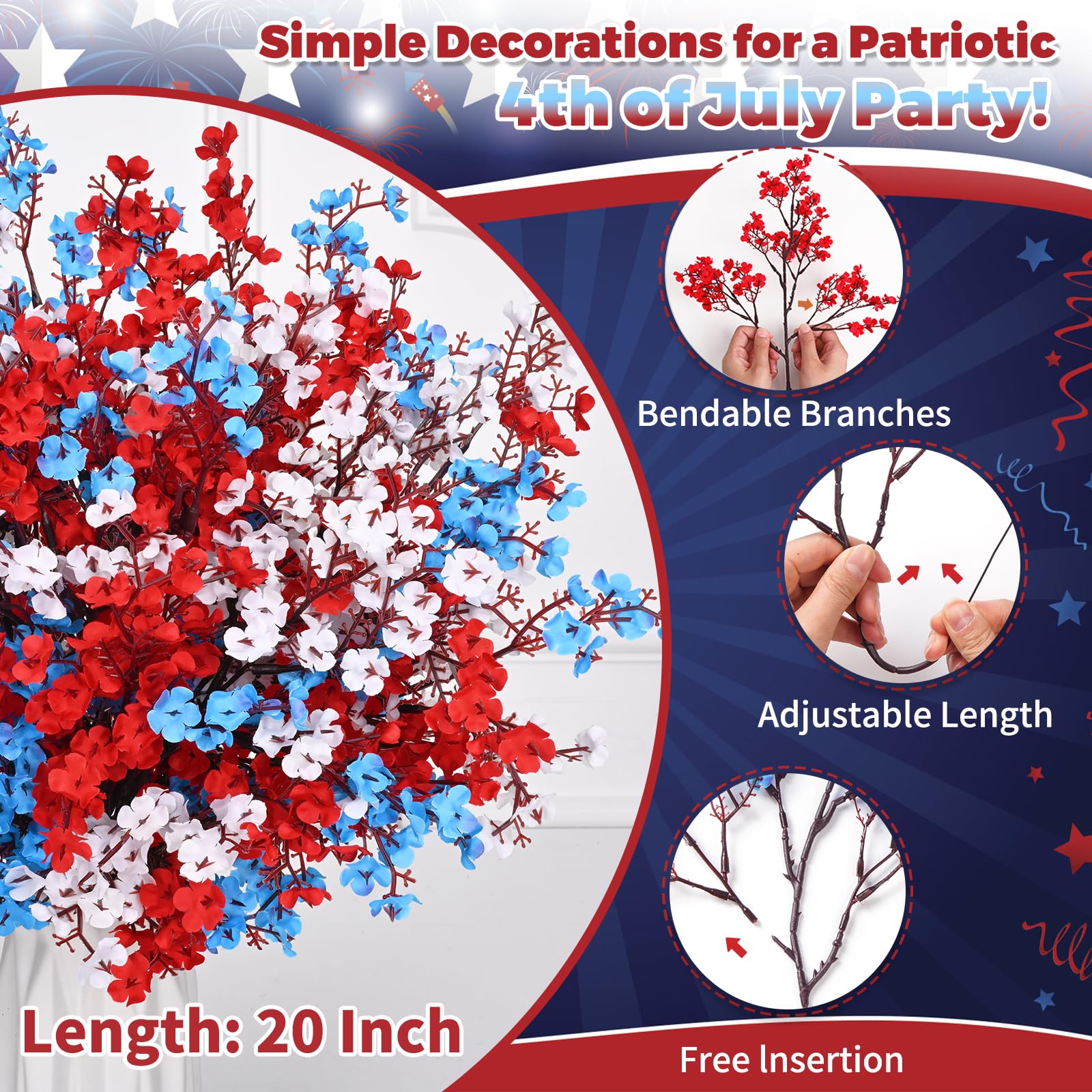 Yastouay 4th of July Artificial Flowers Decorations, 10 Pcs Red White and Blue Decorations, Fake Patriotic Babys Breath Flowers for Independence Day Decor Floral Arrangement