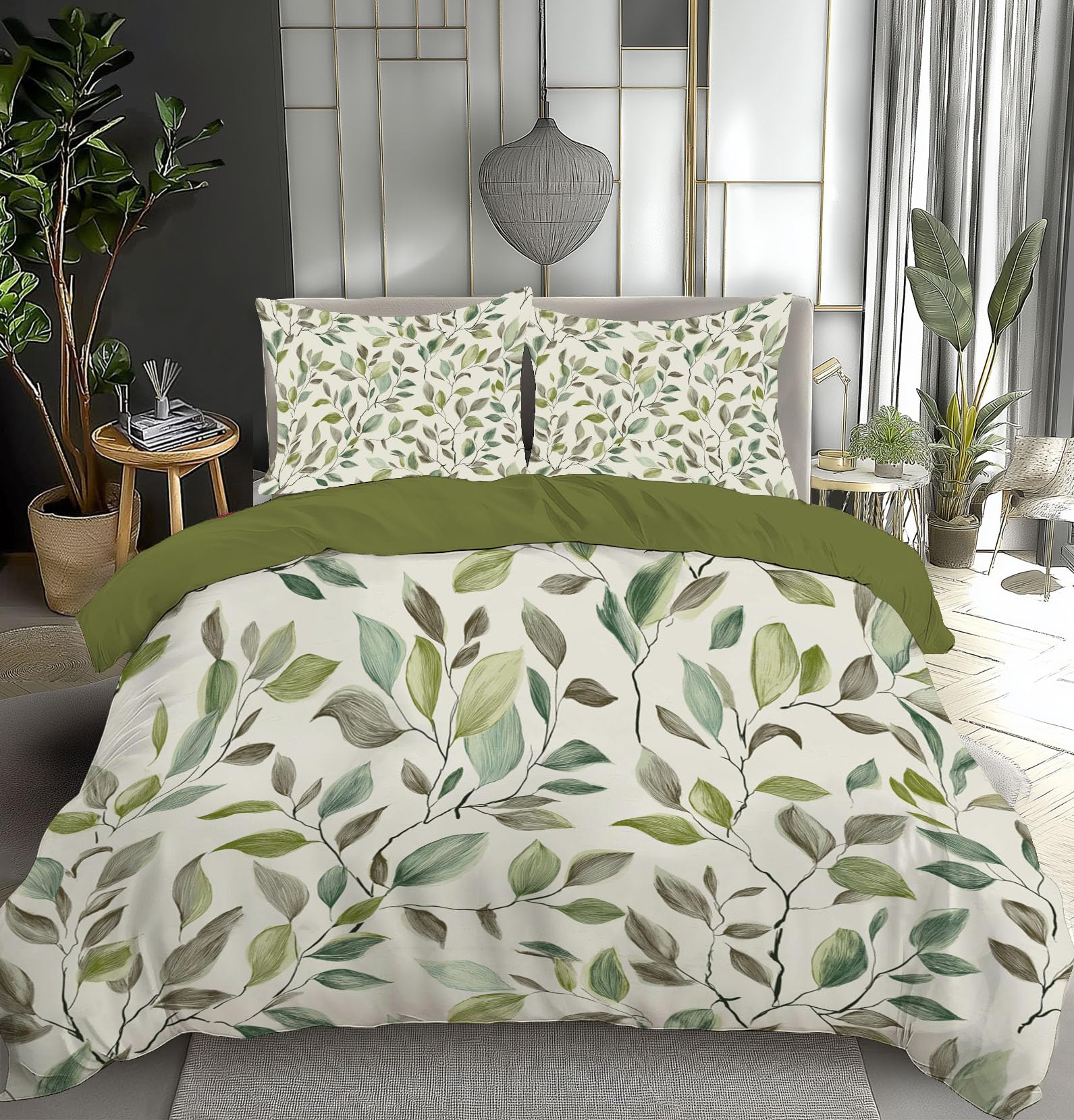 Housse de couette 140x200cm vert brun imprimé végétal avec 2 taies 65x65