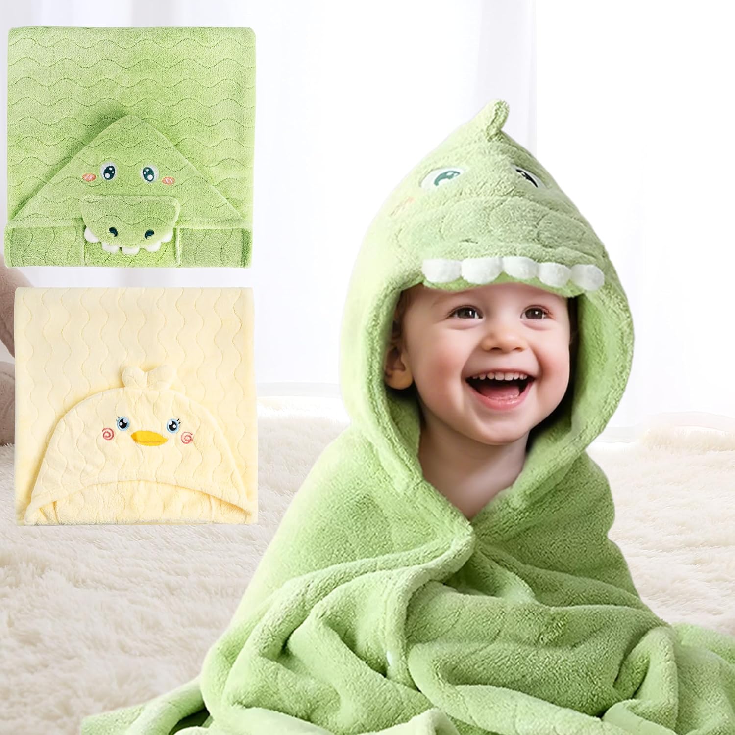 UNEEDE 2Pack Bath Hooded Towel for Kids Green and Yellow,Extra Soft and Fast Drying Poncho for Toddlers,Kids Beach Hooded Towel Polyester Size 31 x 47 in,Machine Washable Poncho for Bath Beach Pool
